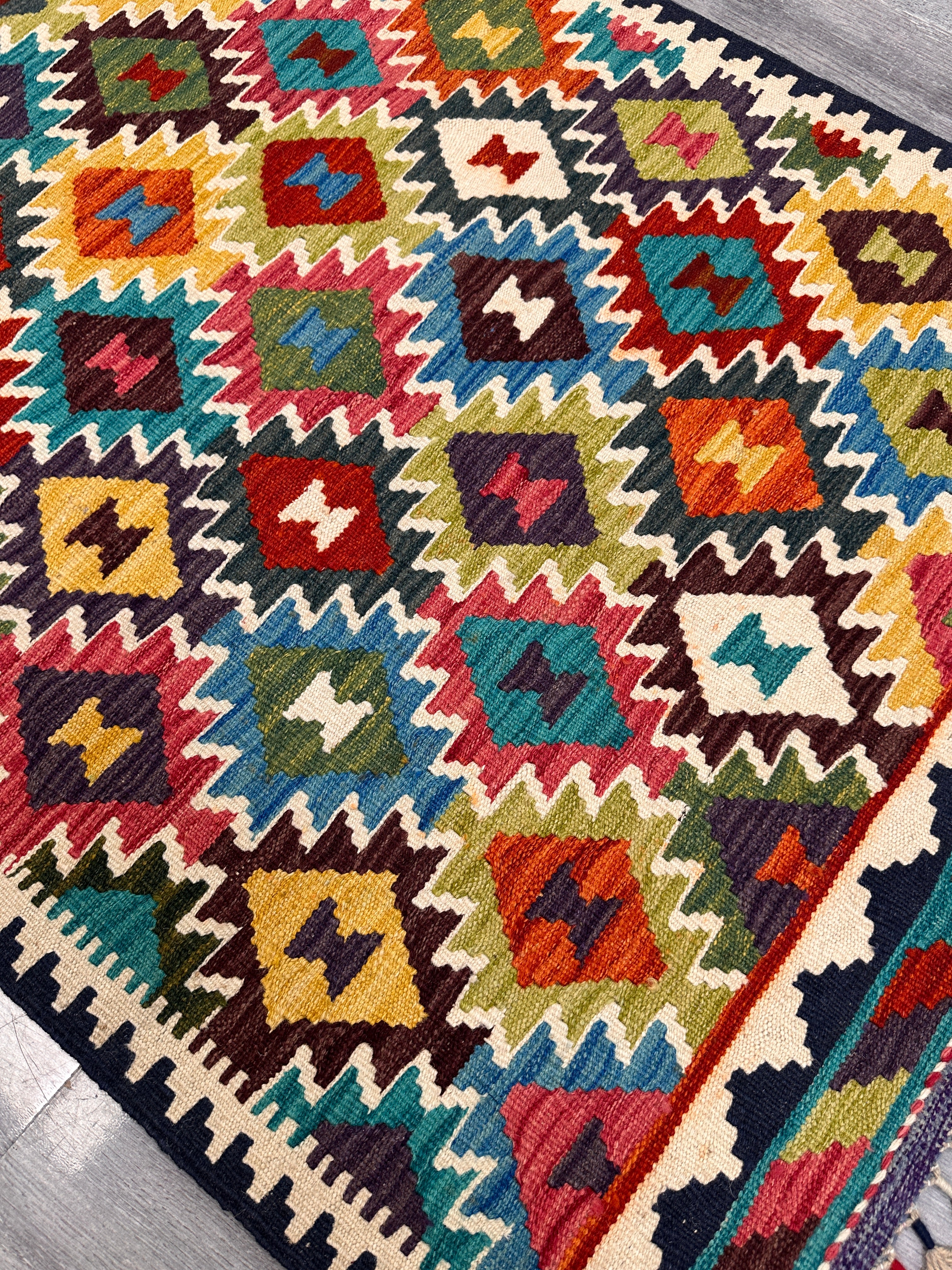 3'3" x 4'11" Handwoven Afghani Wool Kilim Rug – Colorful Tribal Geometric Flatweave with Decorative Bound Fringe – Reversible