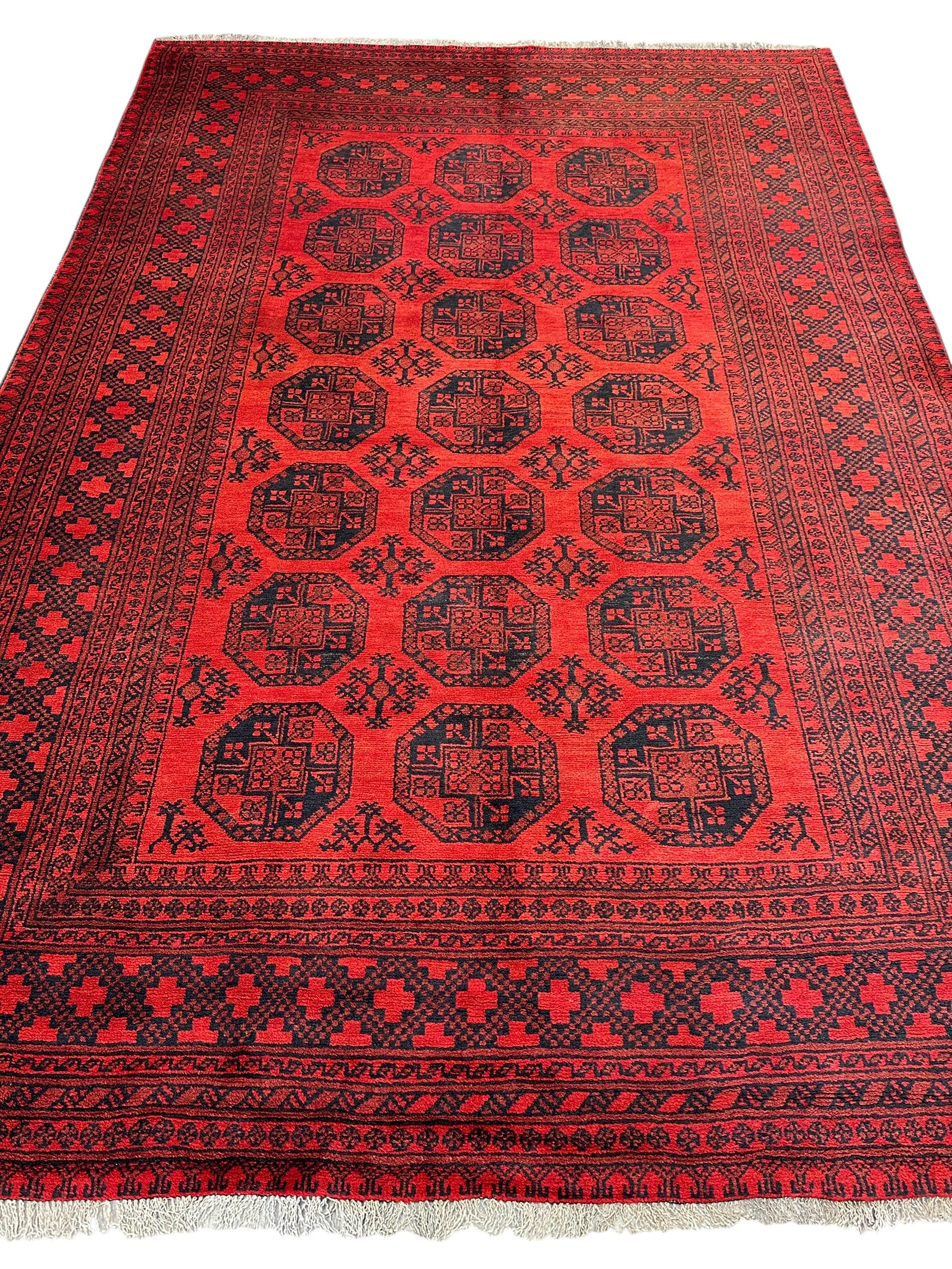 Hand-Knotted Afghani Fil pai Wool Rug Red,Dark Blue 6'5" x 9'1"