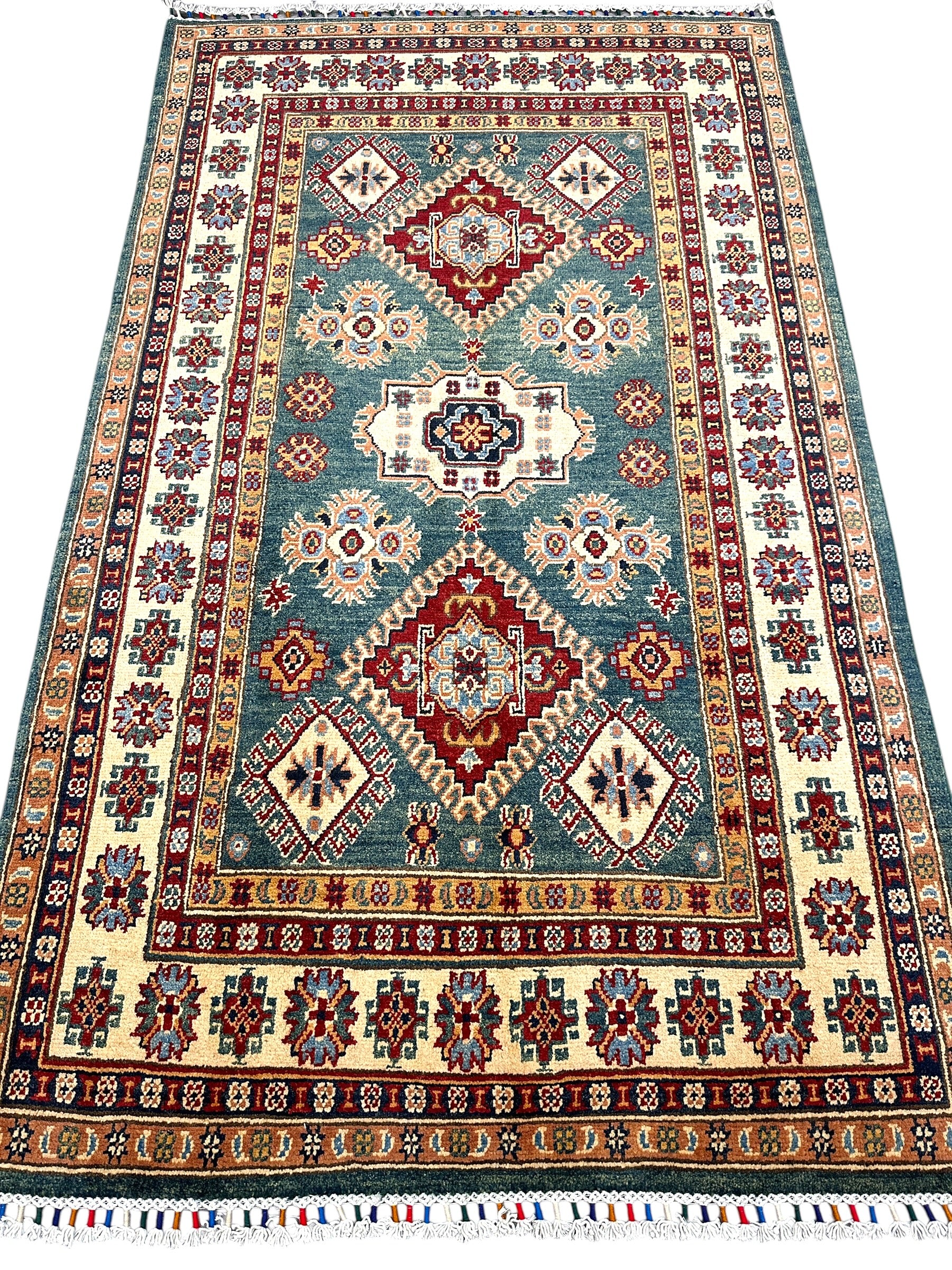 Hand-Knotted Afghani Kazak Wool Rug | Tribal Medallion | 4’2” x 6′