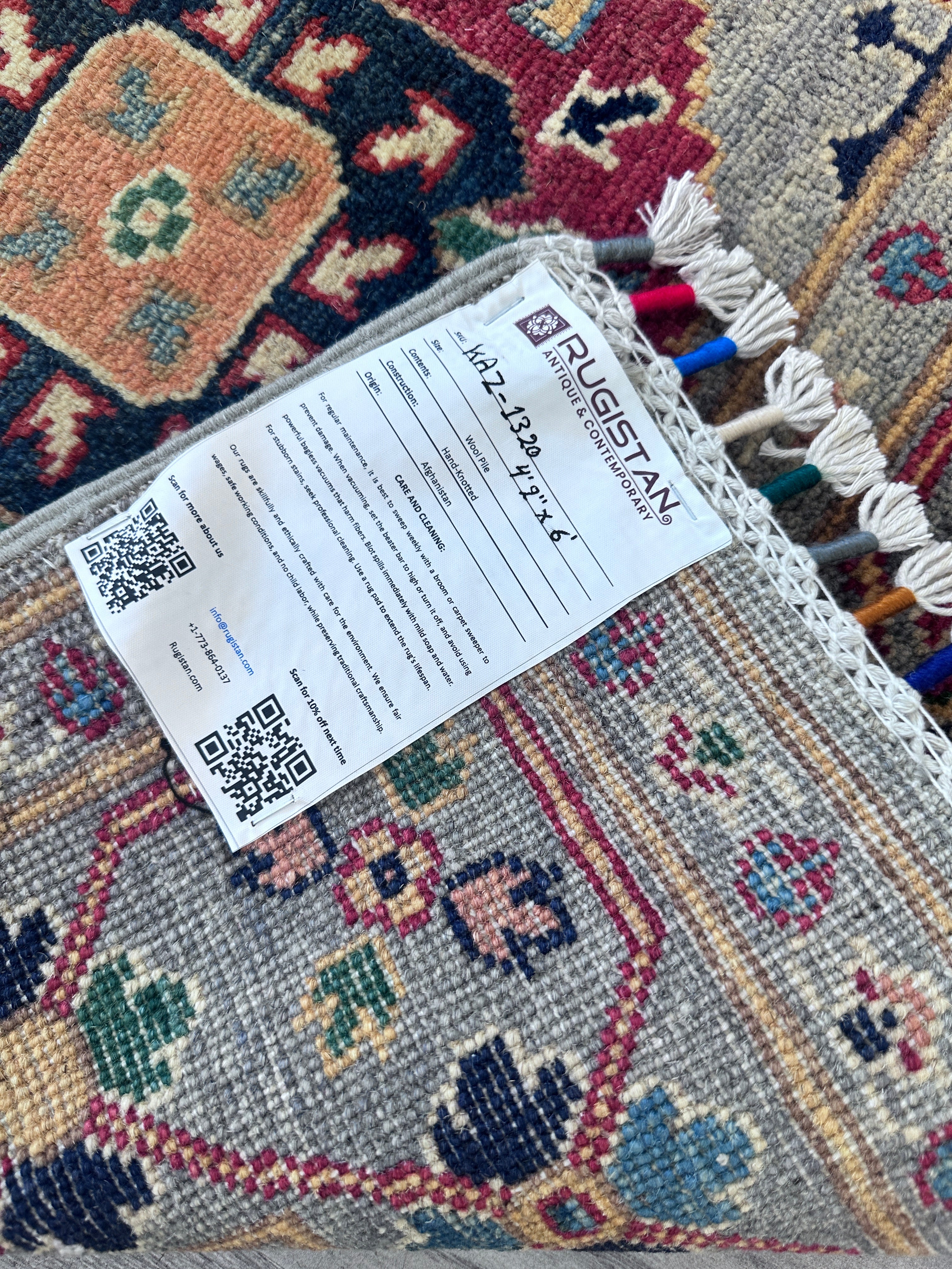 Hand-Knotted Afghani Kazak Wool Rug – 4’2″  x  6’