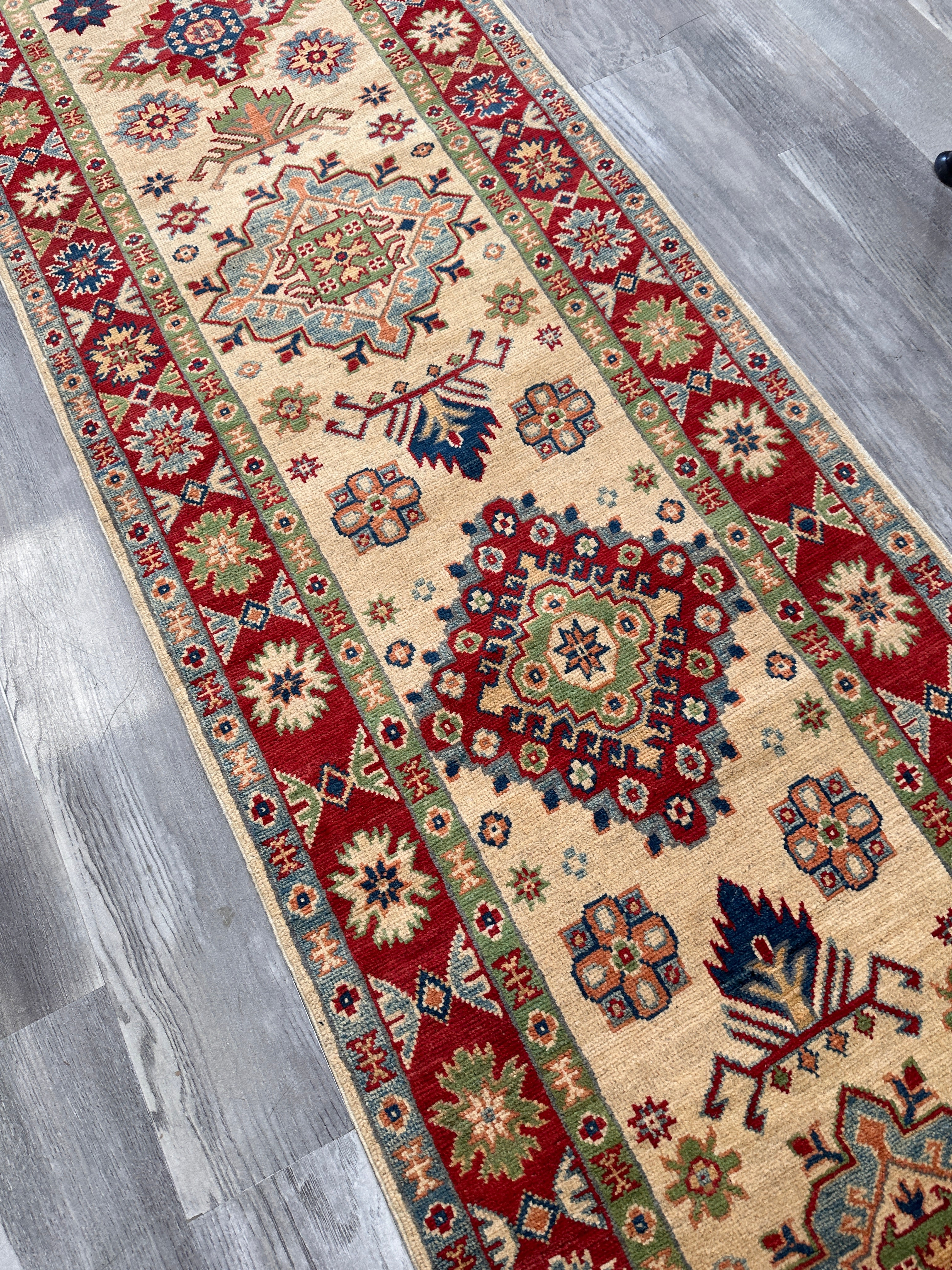 Hand-Knotted Afghan Kazak Wool Runner | Cream & Red Tribal | 2′7″ x 10′1″