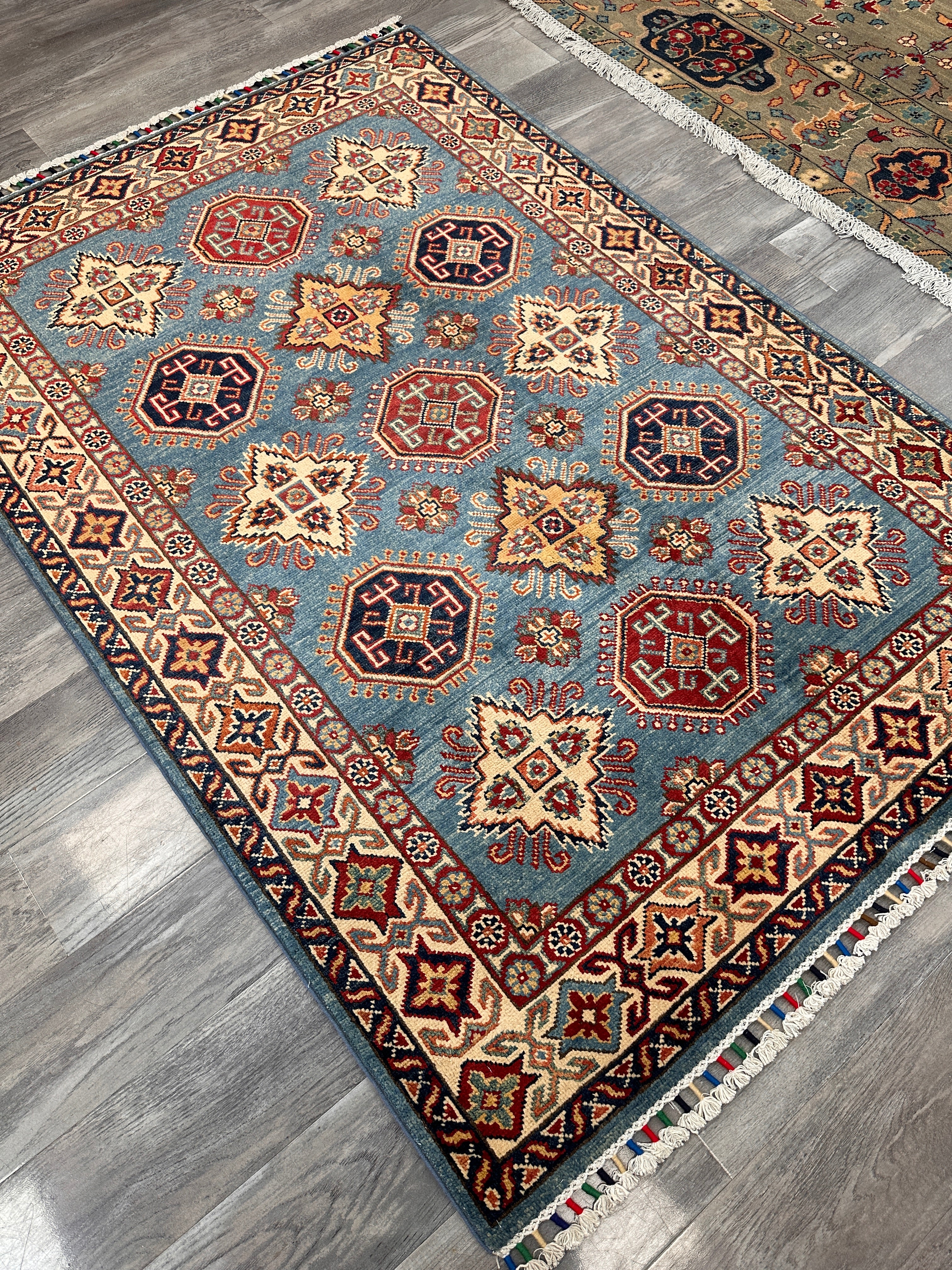 Hand-Knotted Afghan Kazak Wool Rug | Blue, Cream & Red Tribal Design | 4'1″ x 5'11″