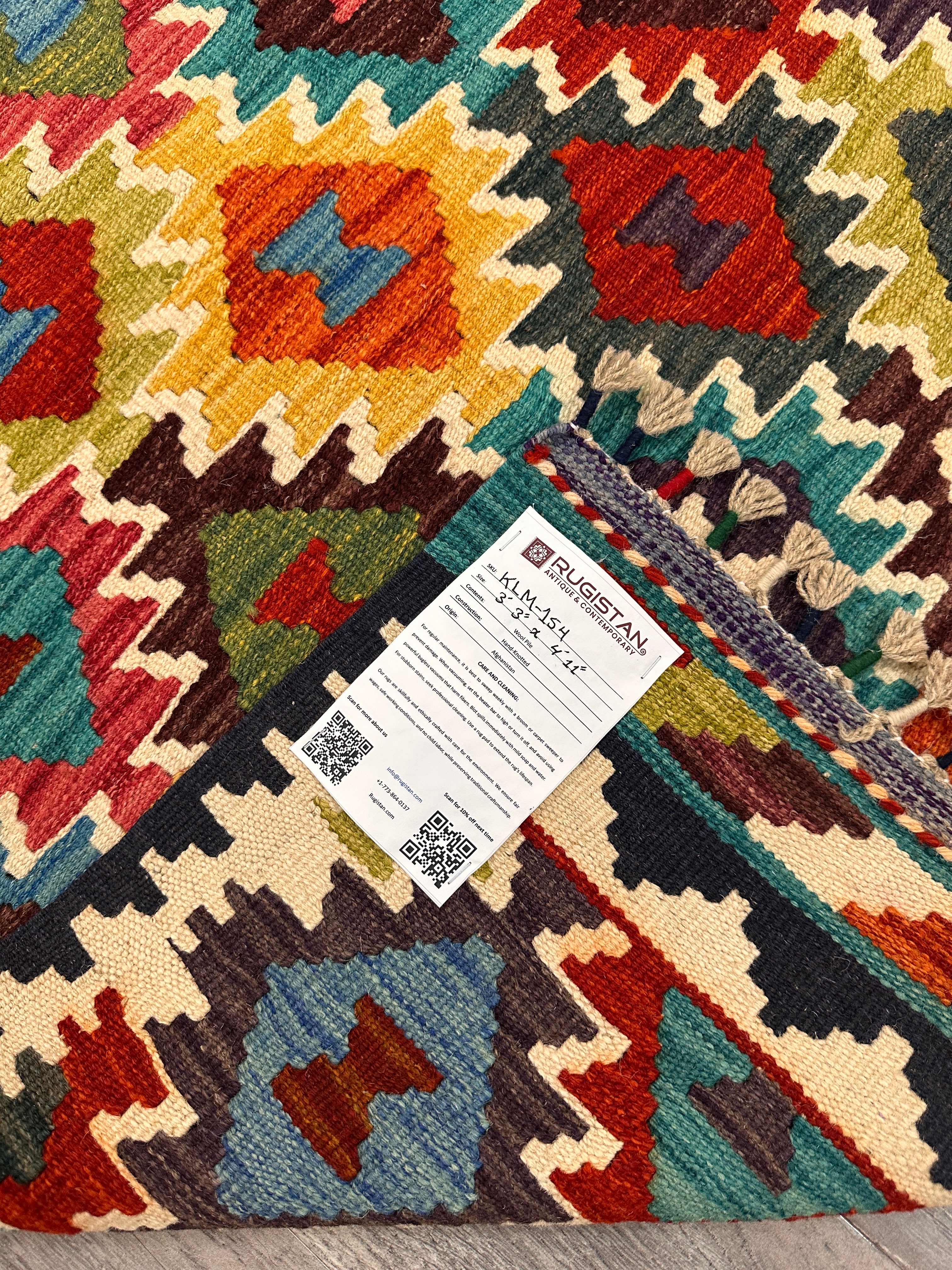 3'3" x 4'11" Handwoven Afghani Wool Kilim Rug – Colorful Tribal Geometric Flatweave with Decorative Bound Fringe – Reversible