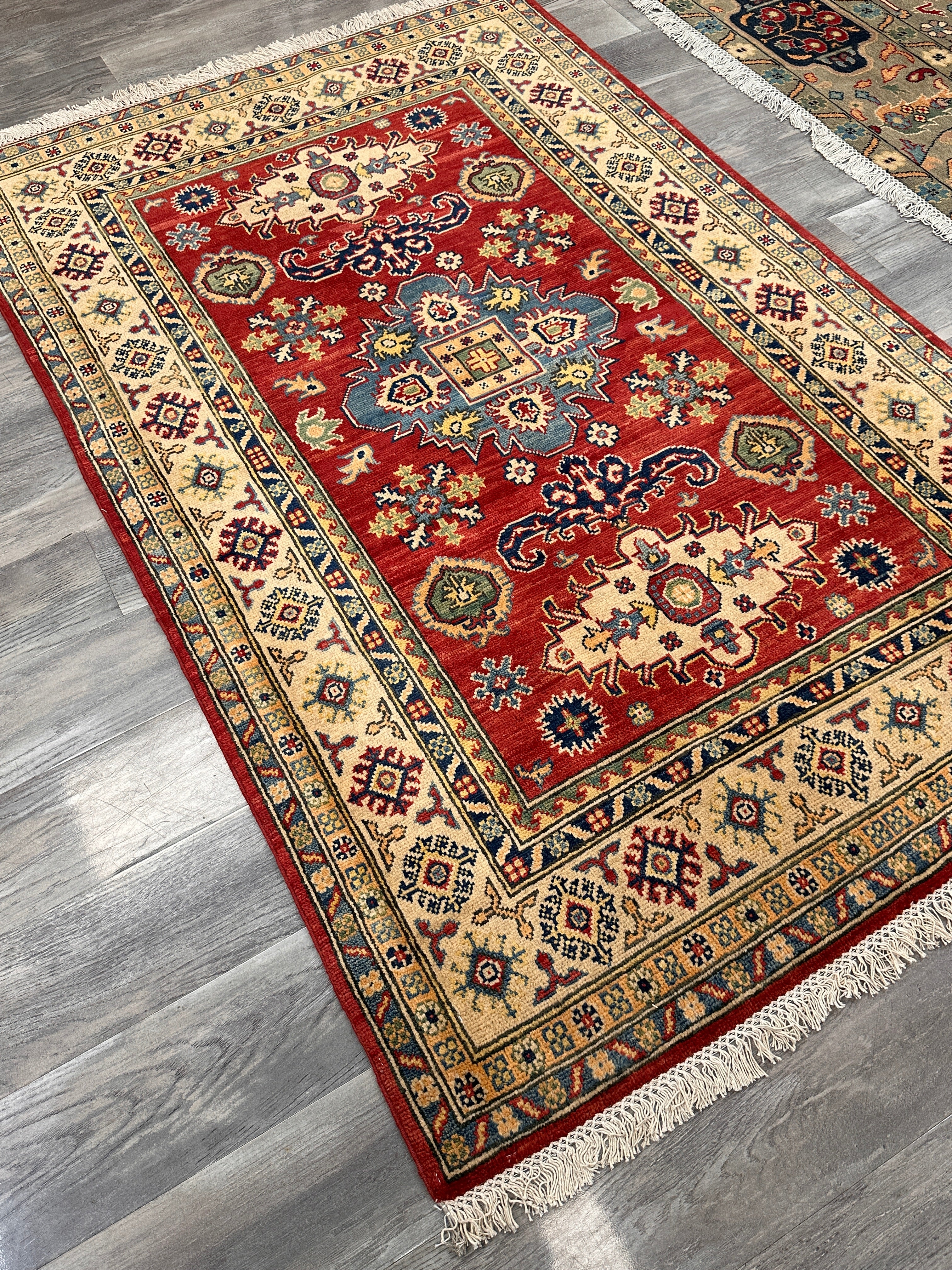Hand-Knotted Afghan Kazak Wool Rug | Tribal Design | 4′ x 6′1″