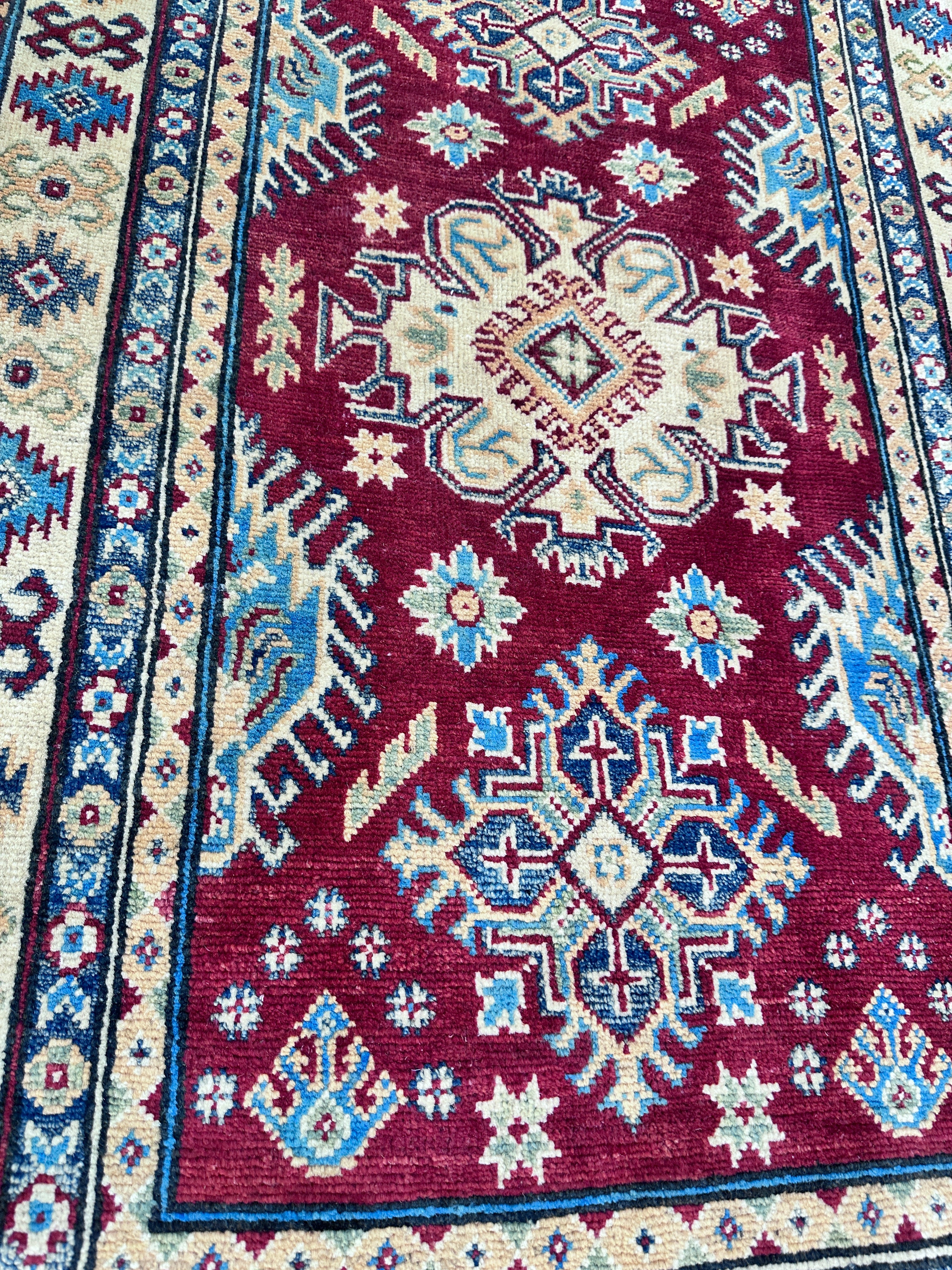 Hand-Knotted Afghani Kazak Wool Rug – 3’3″  x  5’0″