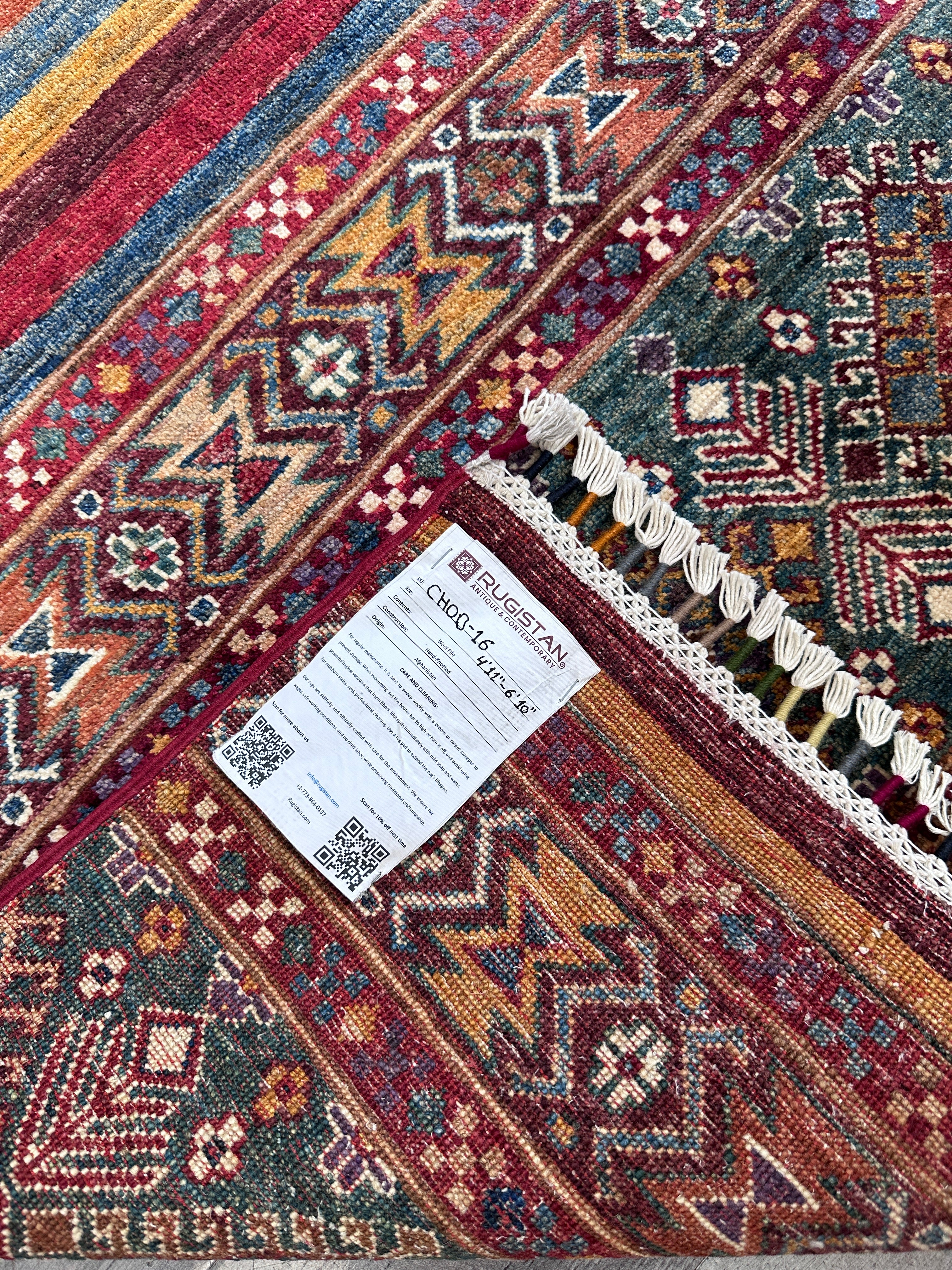 Hand-Knotted Afghani Chobi Khorjin Ghazni Wool Rug | Tribal | 5′ x 7′