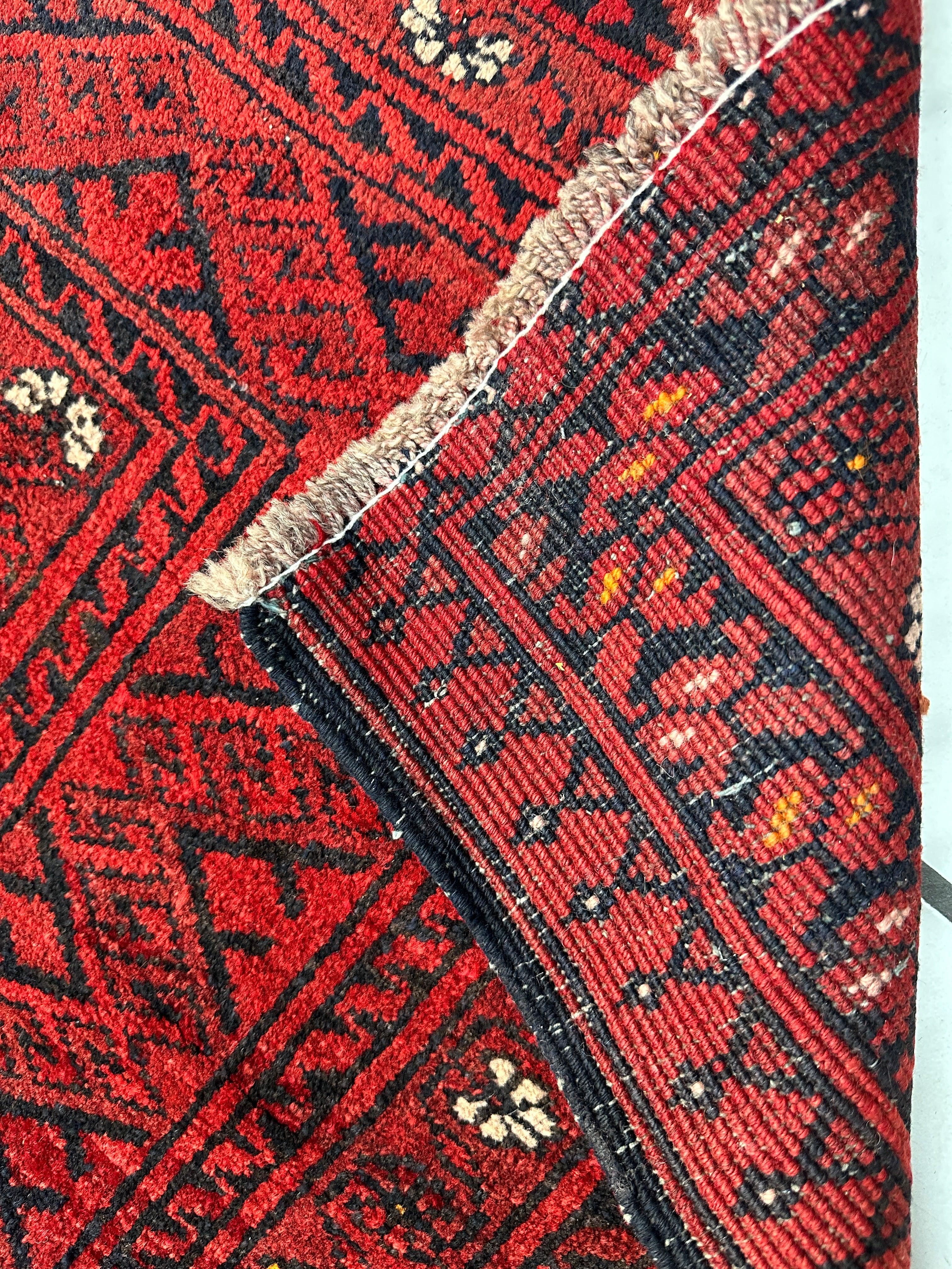 Hand-Knotted Afghan Turkoman Waziri Wool Rug – 6'9" x 9'6" – Vintage Red Elegance