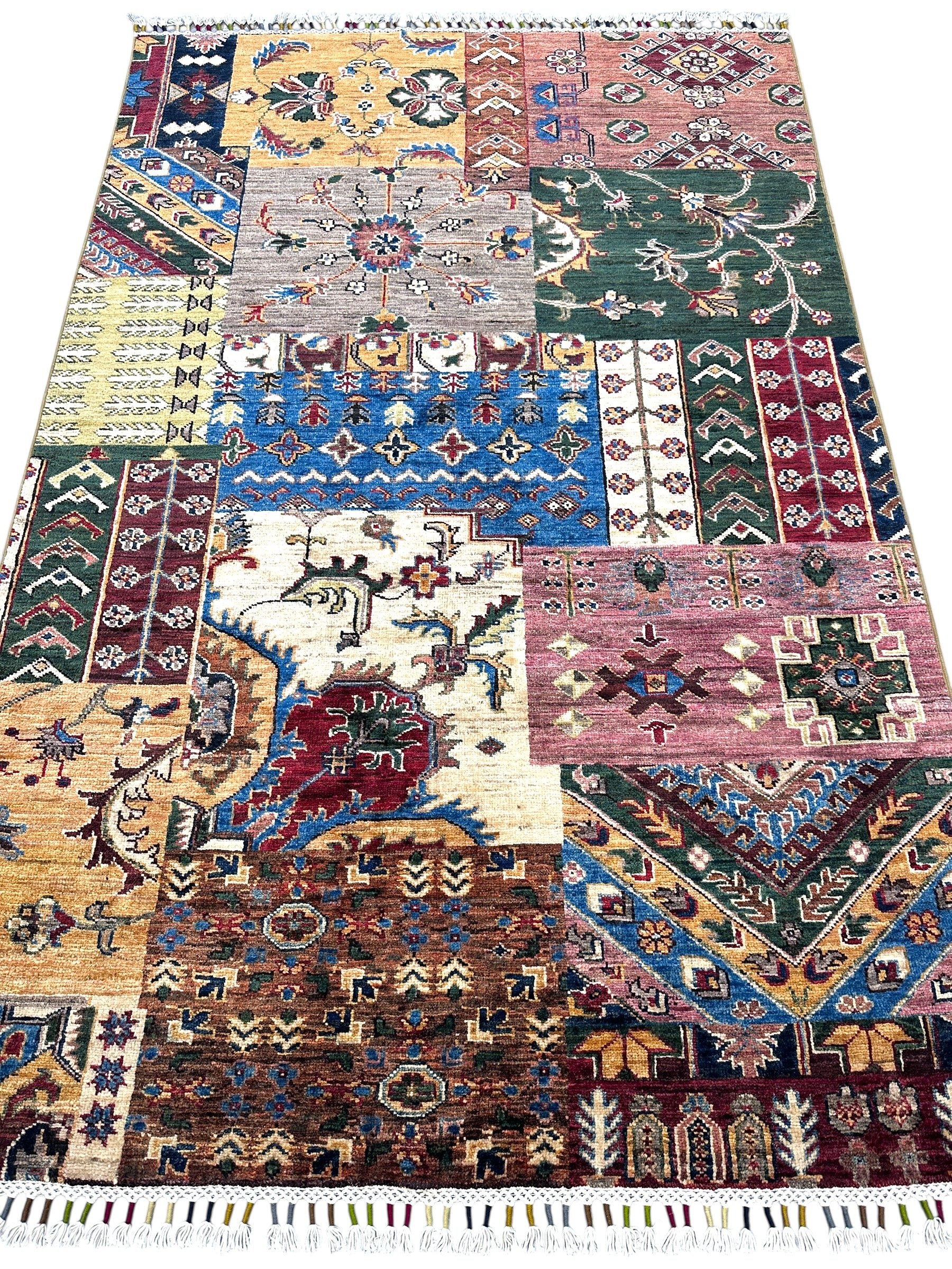Hand-Knotted Afghani Chobi Ghazni Wool Rug | Patchwork Design | 4′ x 6′