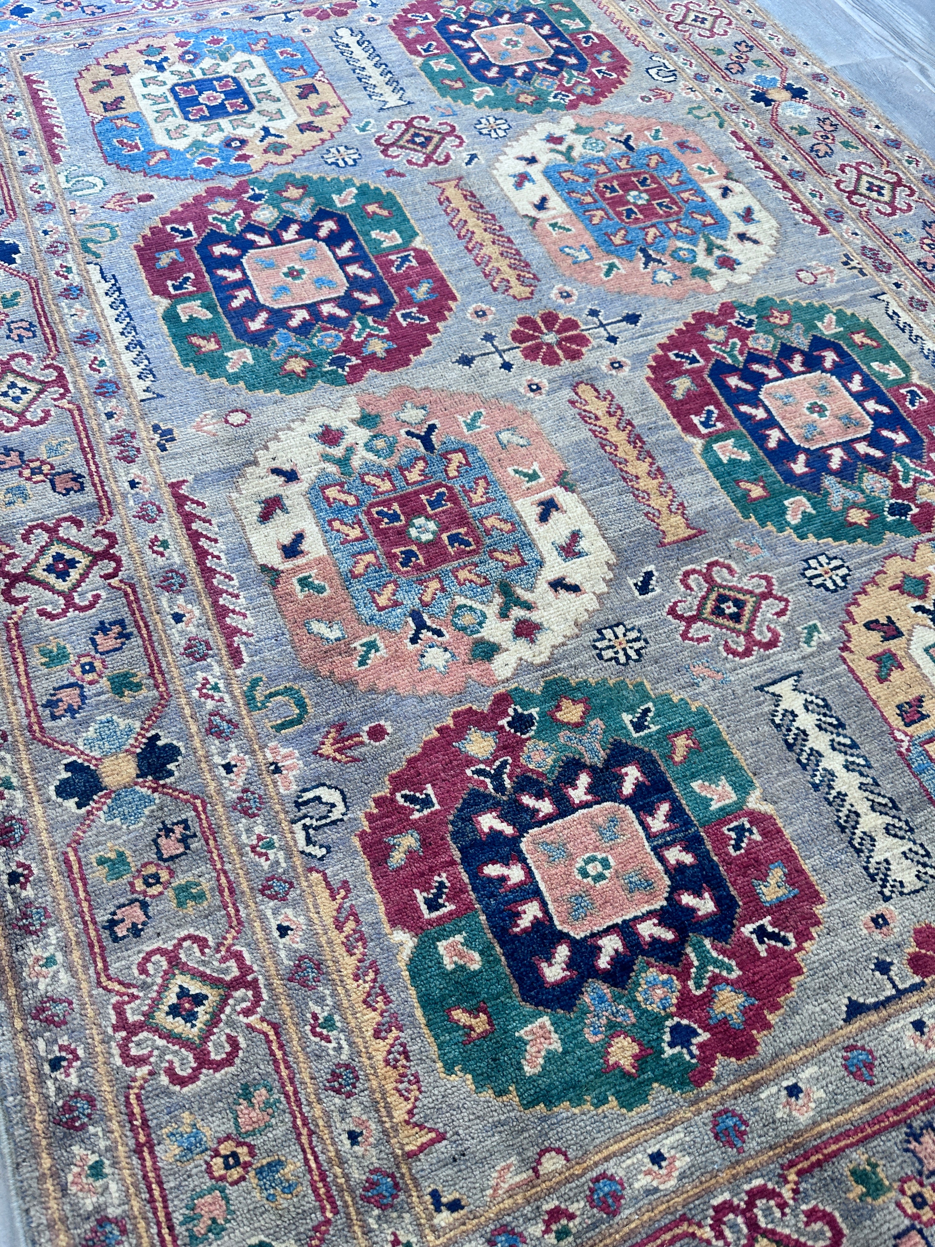 Hand-Knotted Afghani Kazak Wool Rug – 4’2″  x  6’