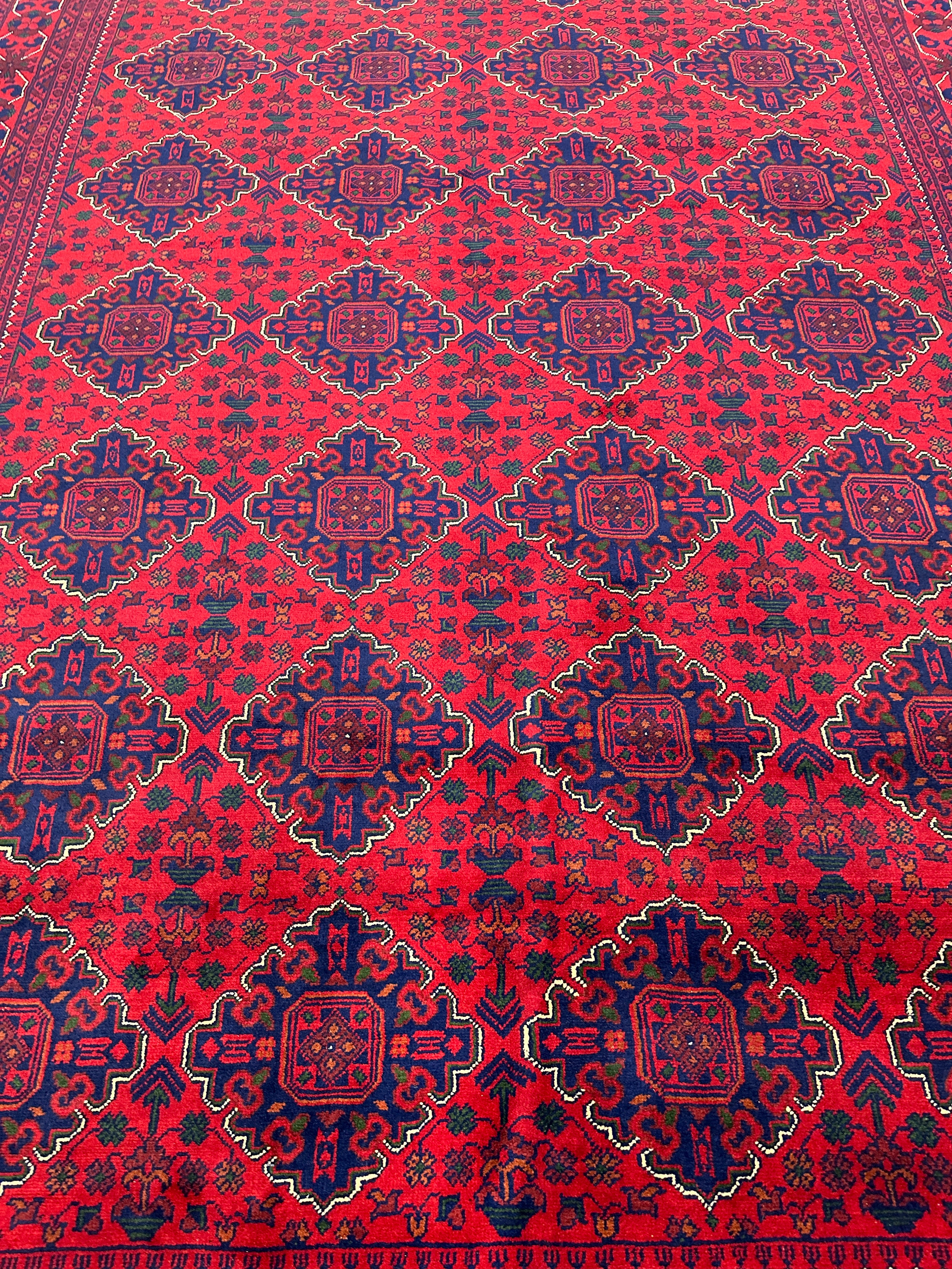 Hand-Knotted Afghani Khamyab Wool Area Rug | Red & Blue | 6′8″ x 10′