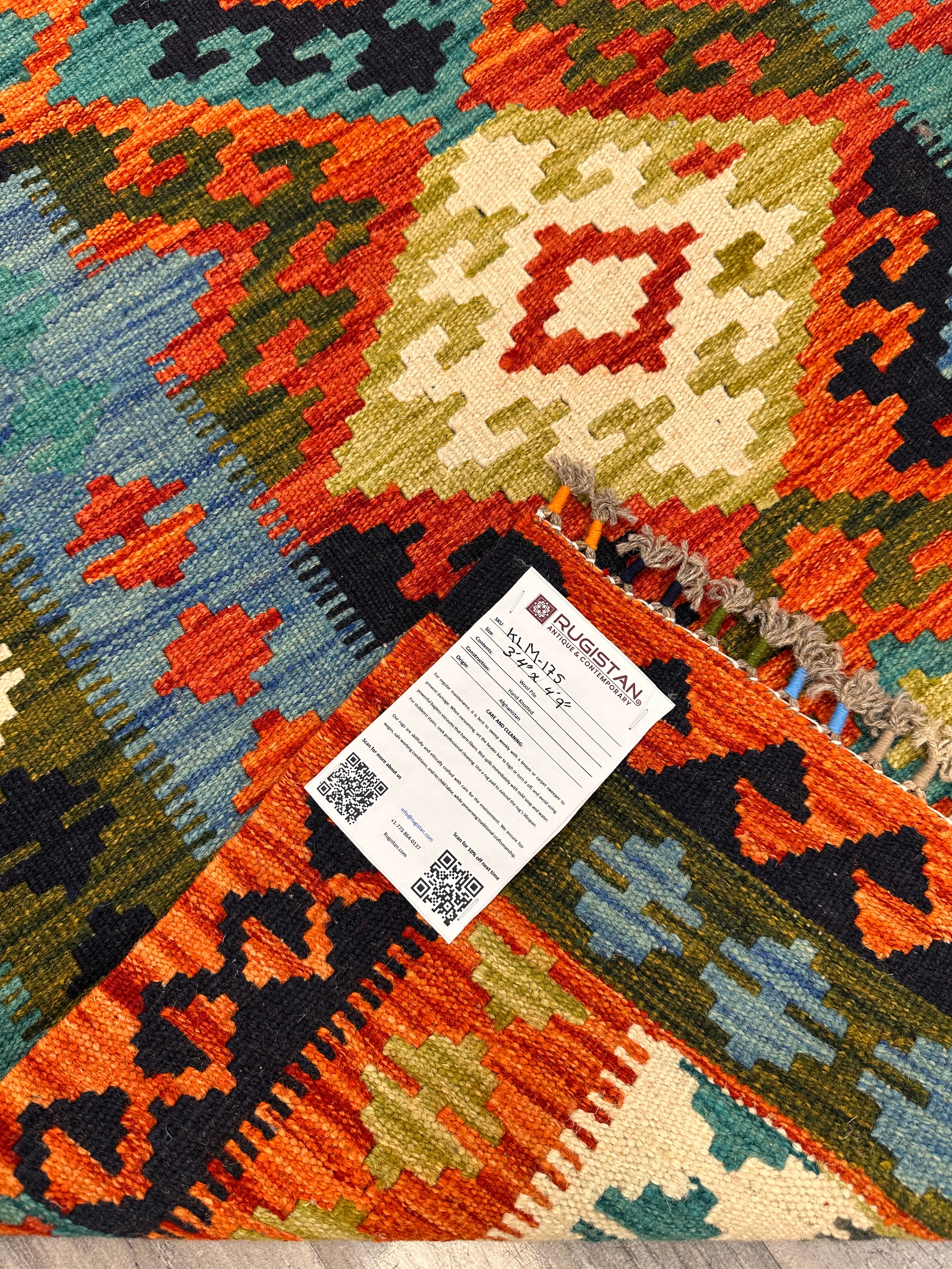 3'5" x 4'9" Handwoven Afghani Wool Kilim Rug – Colorful Geometric Tribal Flatweave with Rugistan Decorative Fringe – Reversible