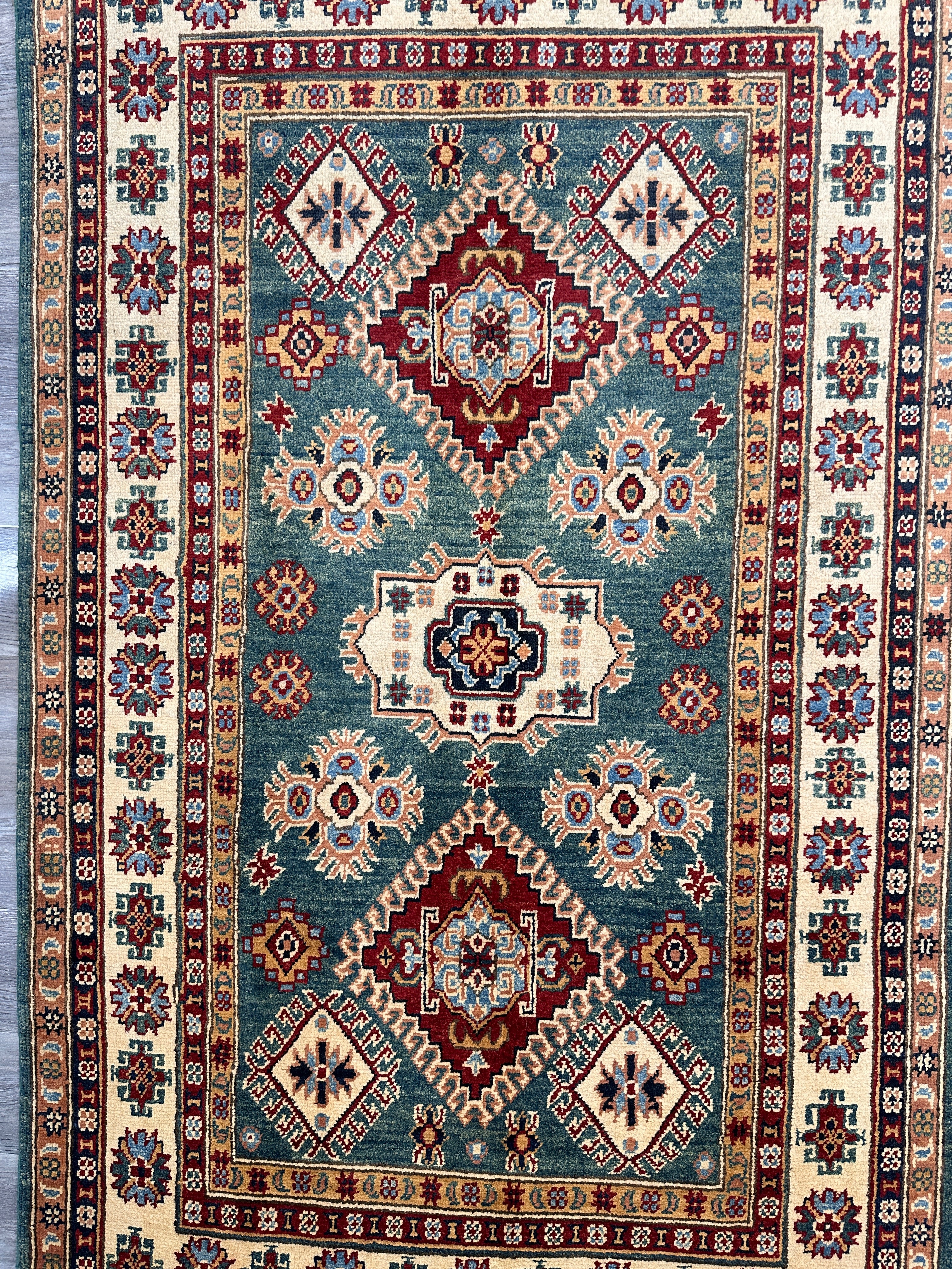 Hand-Knotted Afghani Kazak Wool Rug | Tribal Medallion | 4’2” x 6′