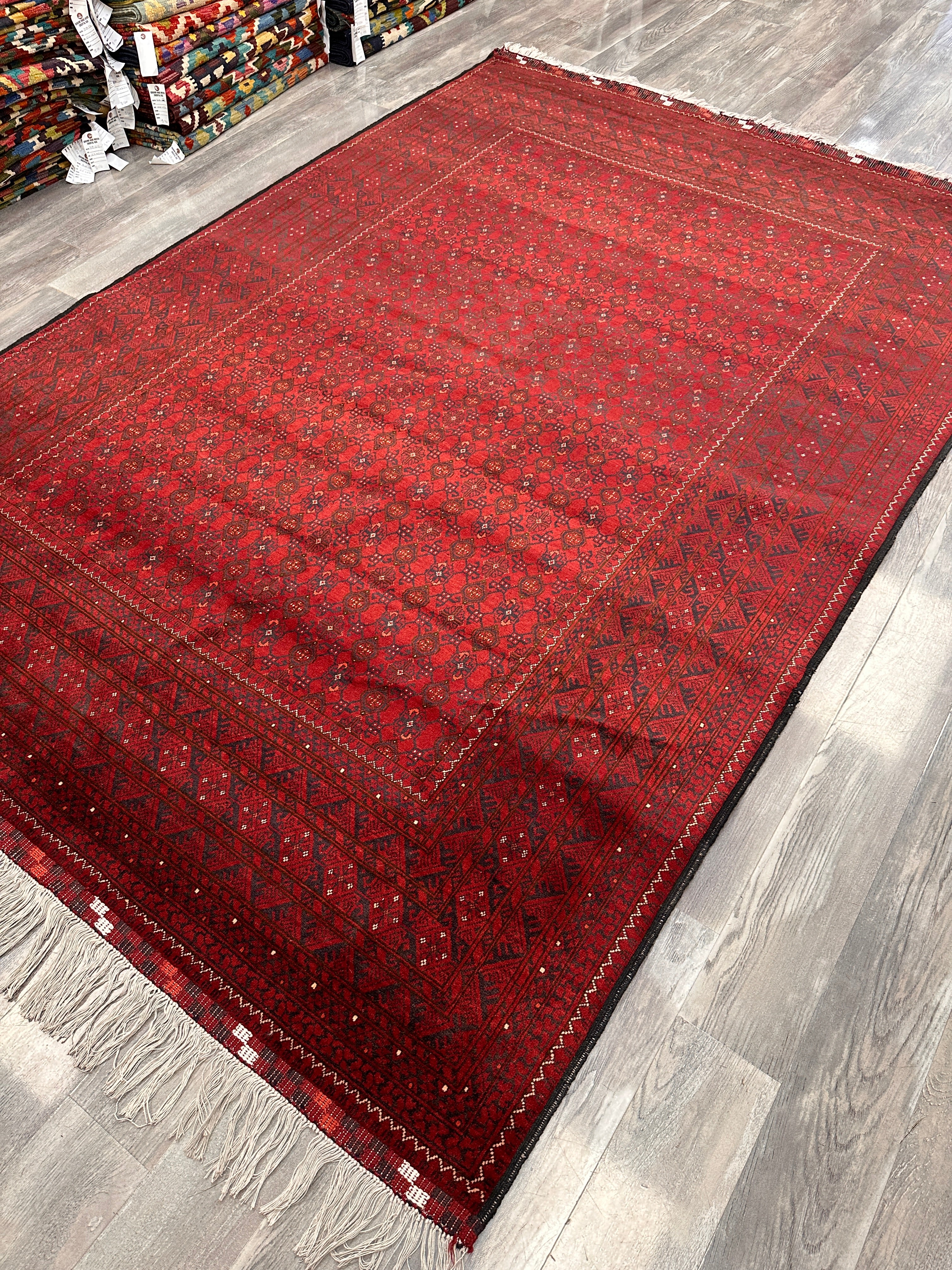 Afghan Bashore Rug 6’7” x 9’8” – Hand-Knotted Wool, Abrash, Original Fringe, No Repairs