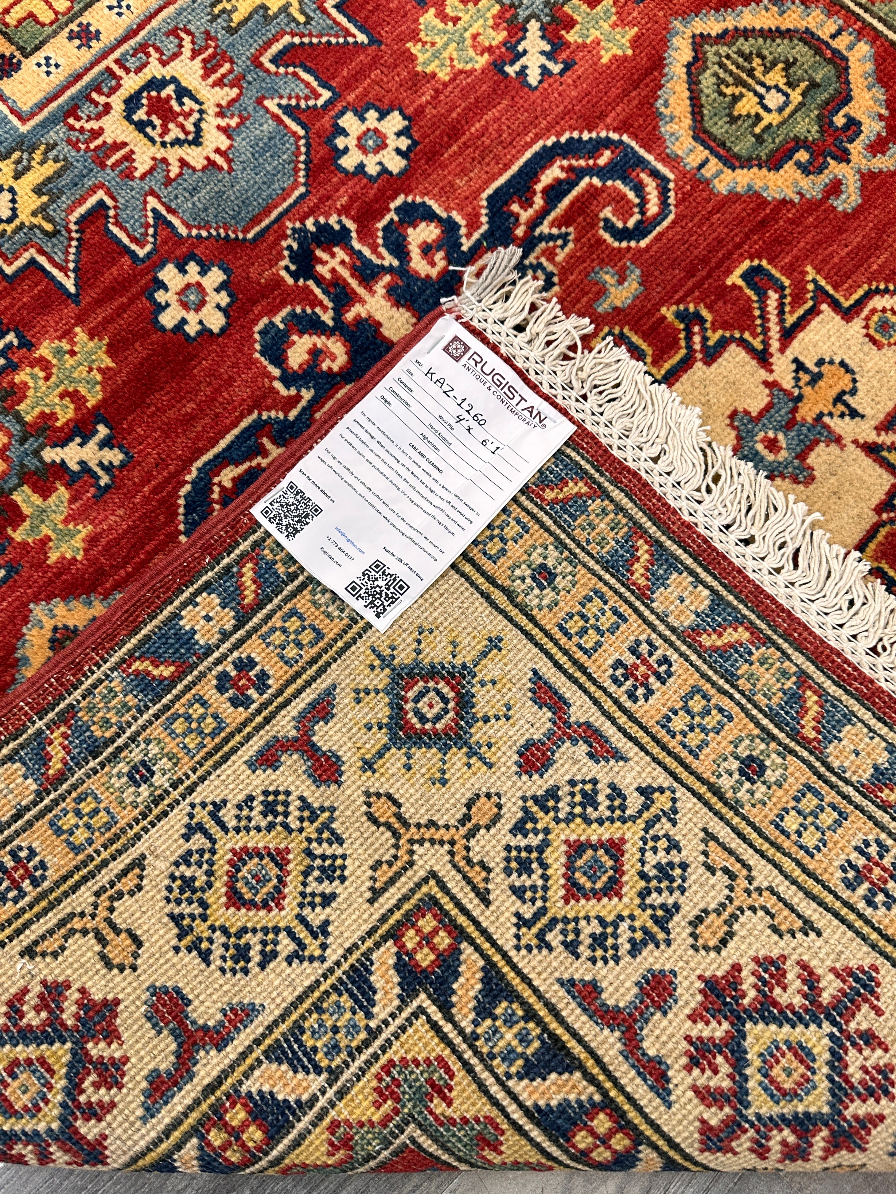 Hand-Knotted Afghan Kazak Wool Rug | Tribal Design | 4′ x 6′1″