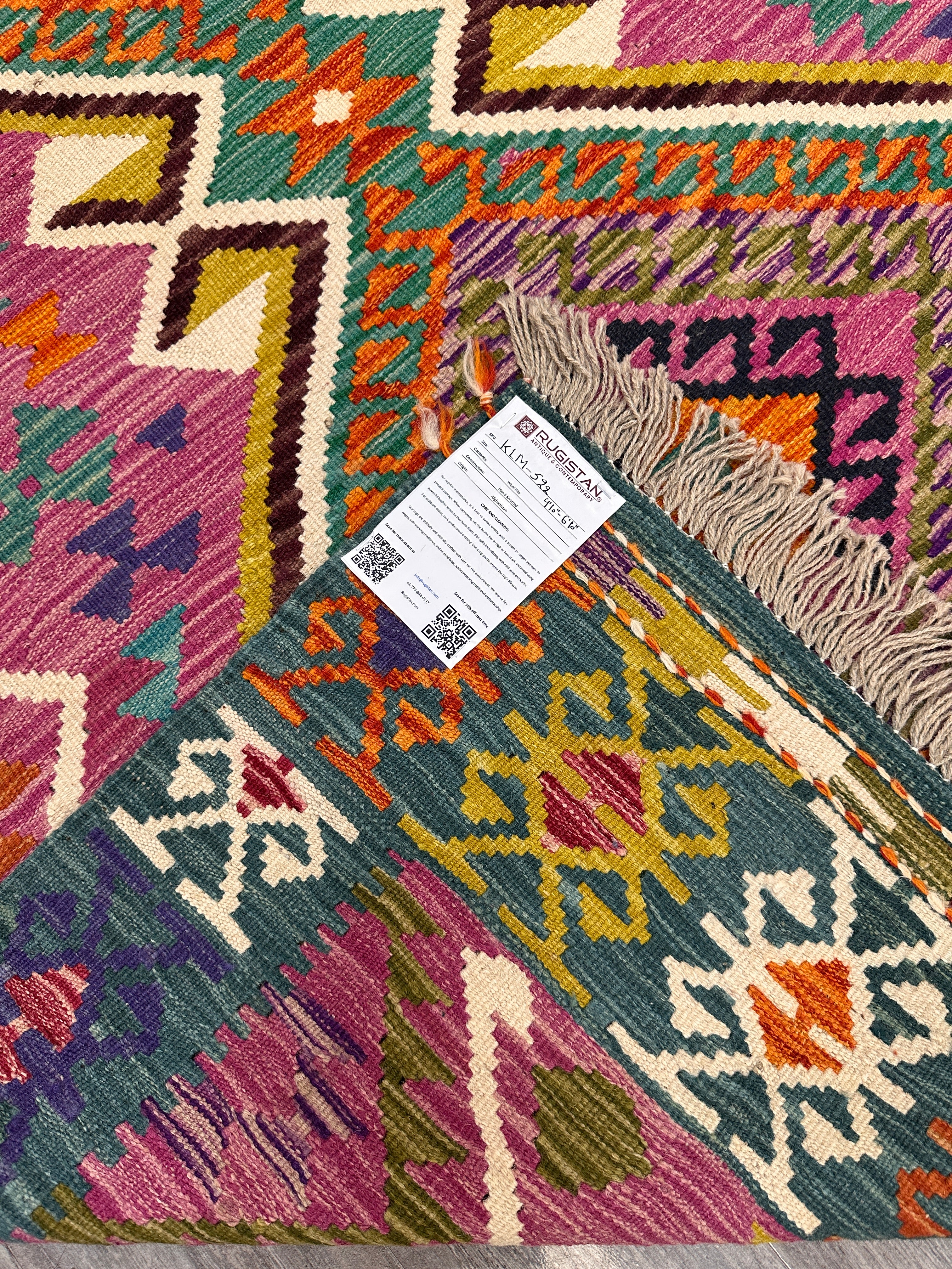 4'10" x 6'10" Handwoven Afghani Wool Kilim Rug – Vibrant Geometric Tribal Flatweave with Rugistan Decorative Fringe – Reversible