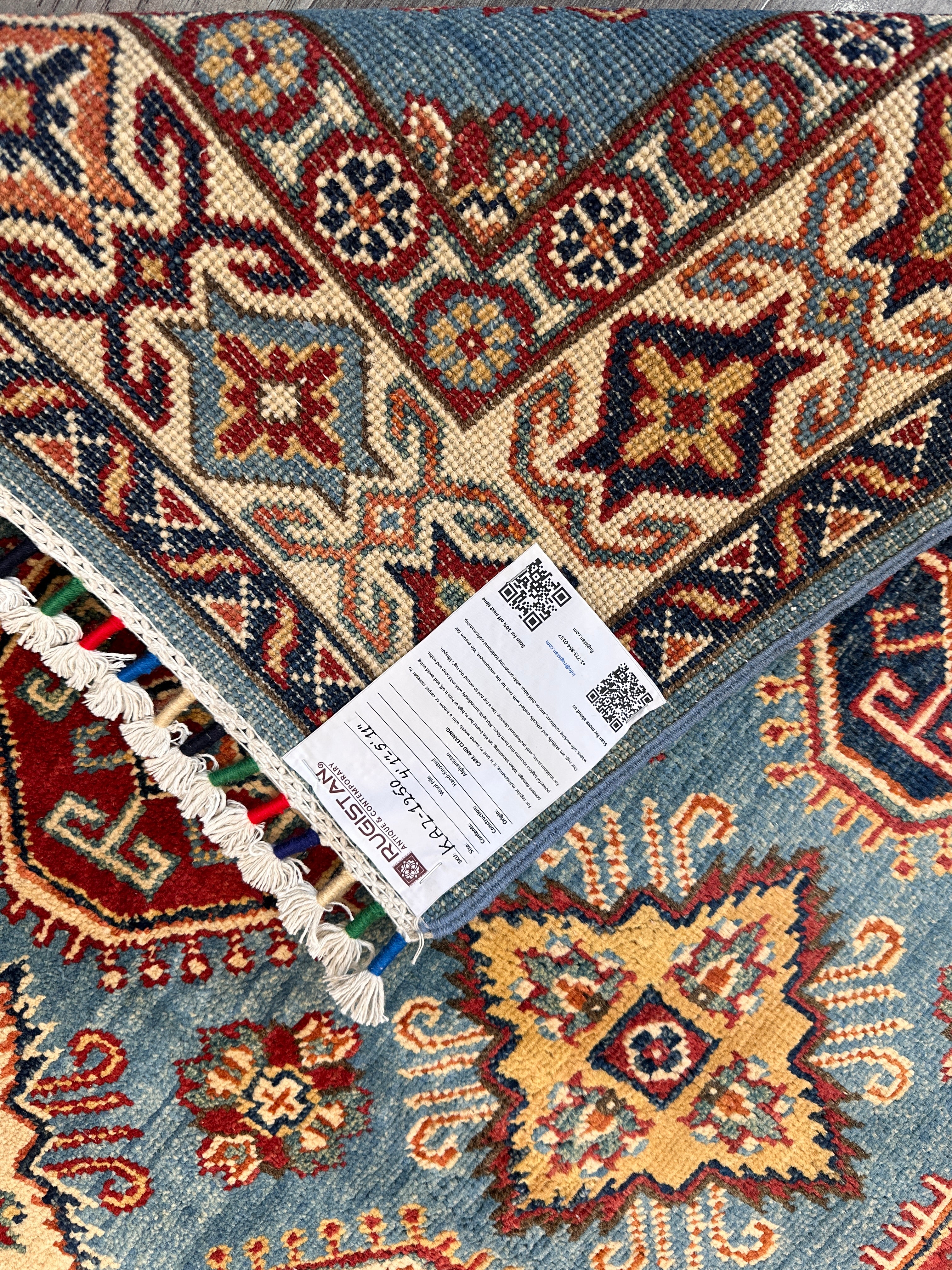 Hand-Knotted Afghan Kazak Wool Rug | Blue, Cream & Red Tribal Design | 4'1″ x 5'11″