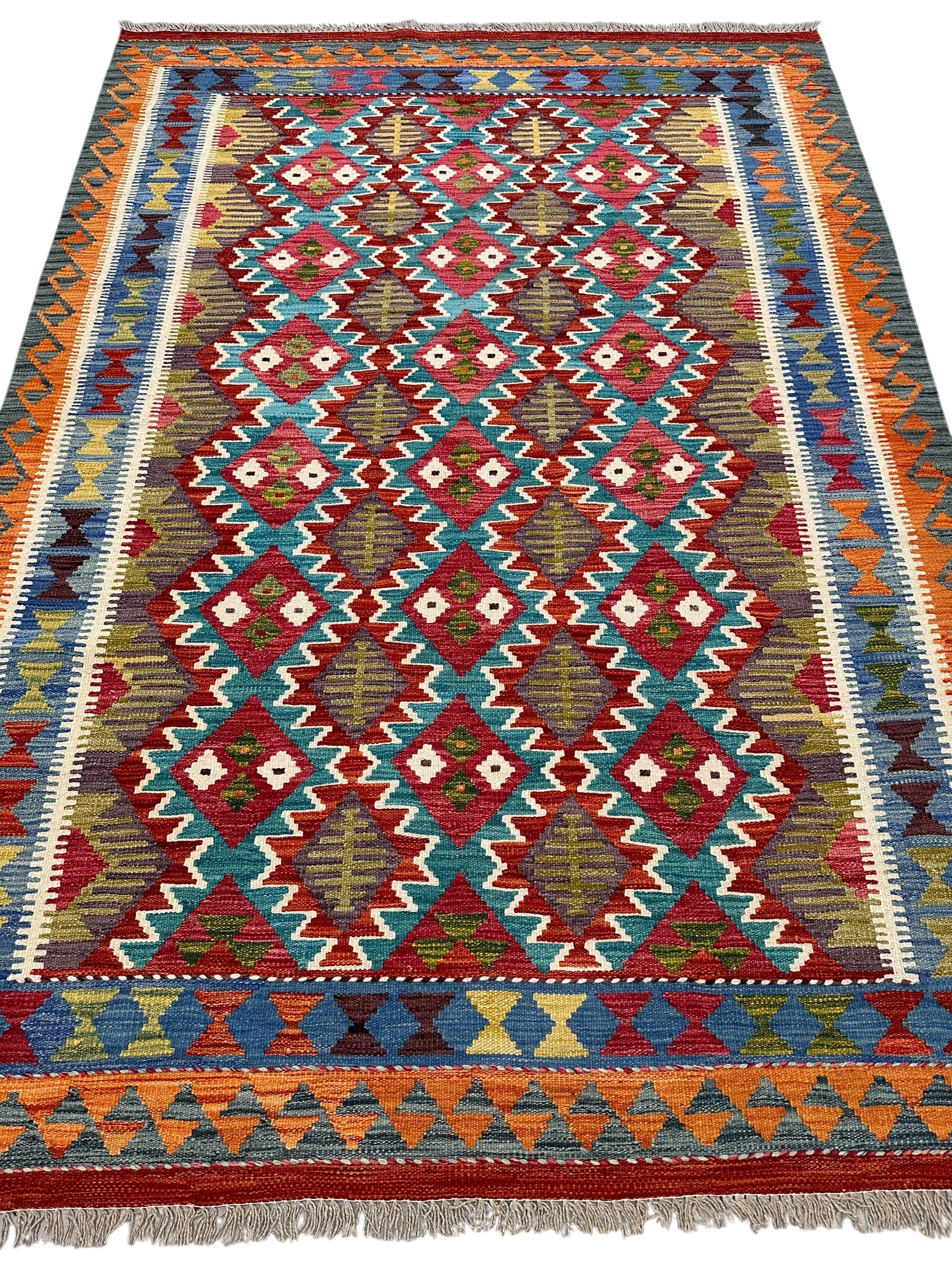 Handwoven Wool Kilim Rug 5'6" x 7'8" – Colorful Geometric Tribal Flatweave with Decorative Bound Fringe – Reversible