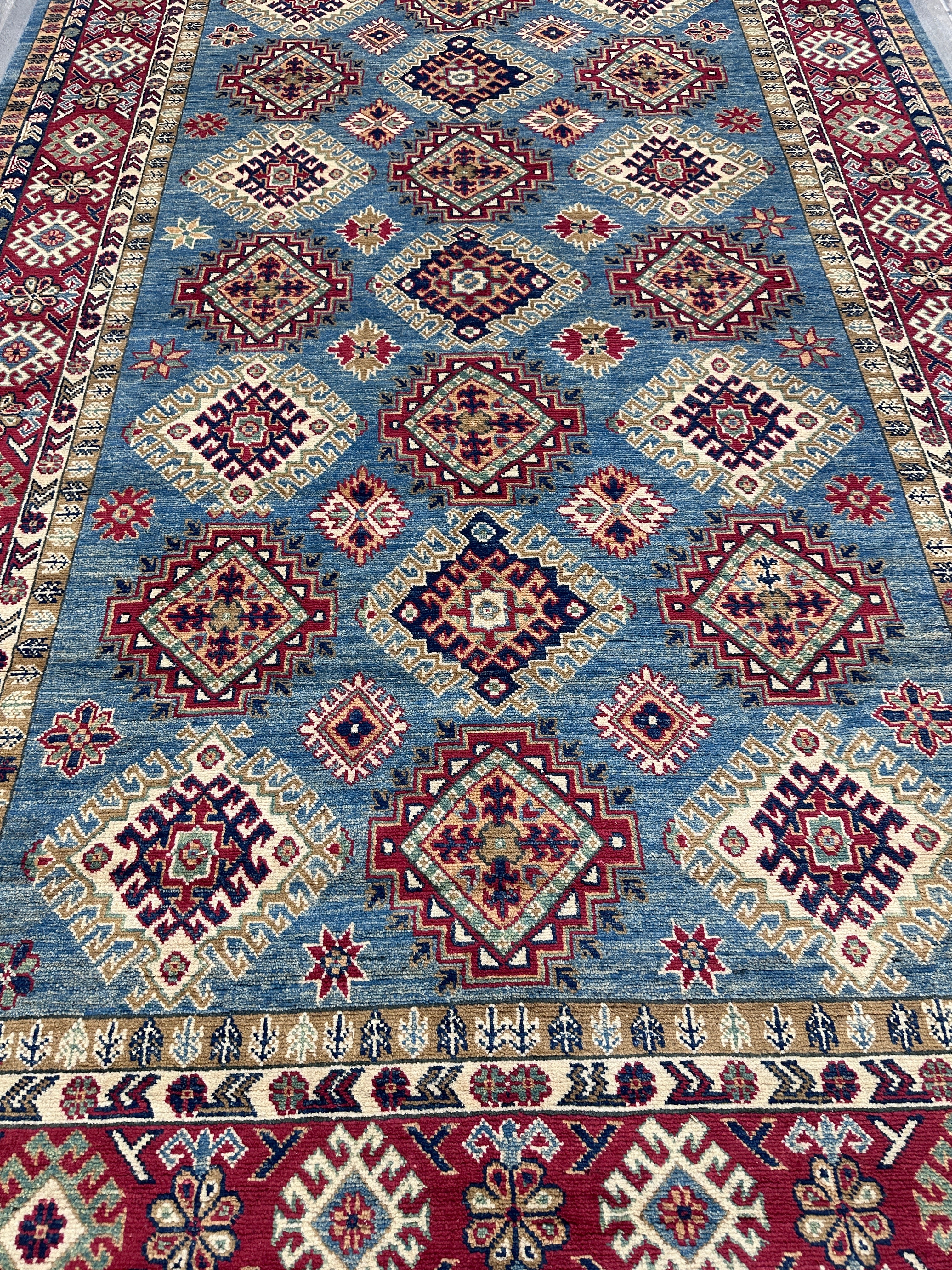Hand-Knotted Afghani Kazak Wool Rug | Geometric Design | 6′5″ x 10′