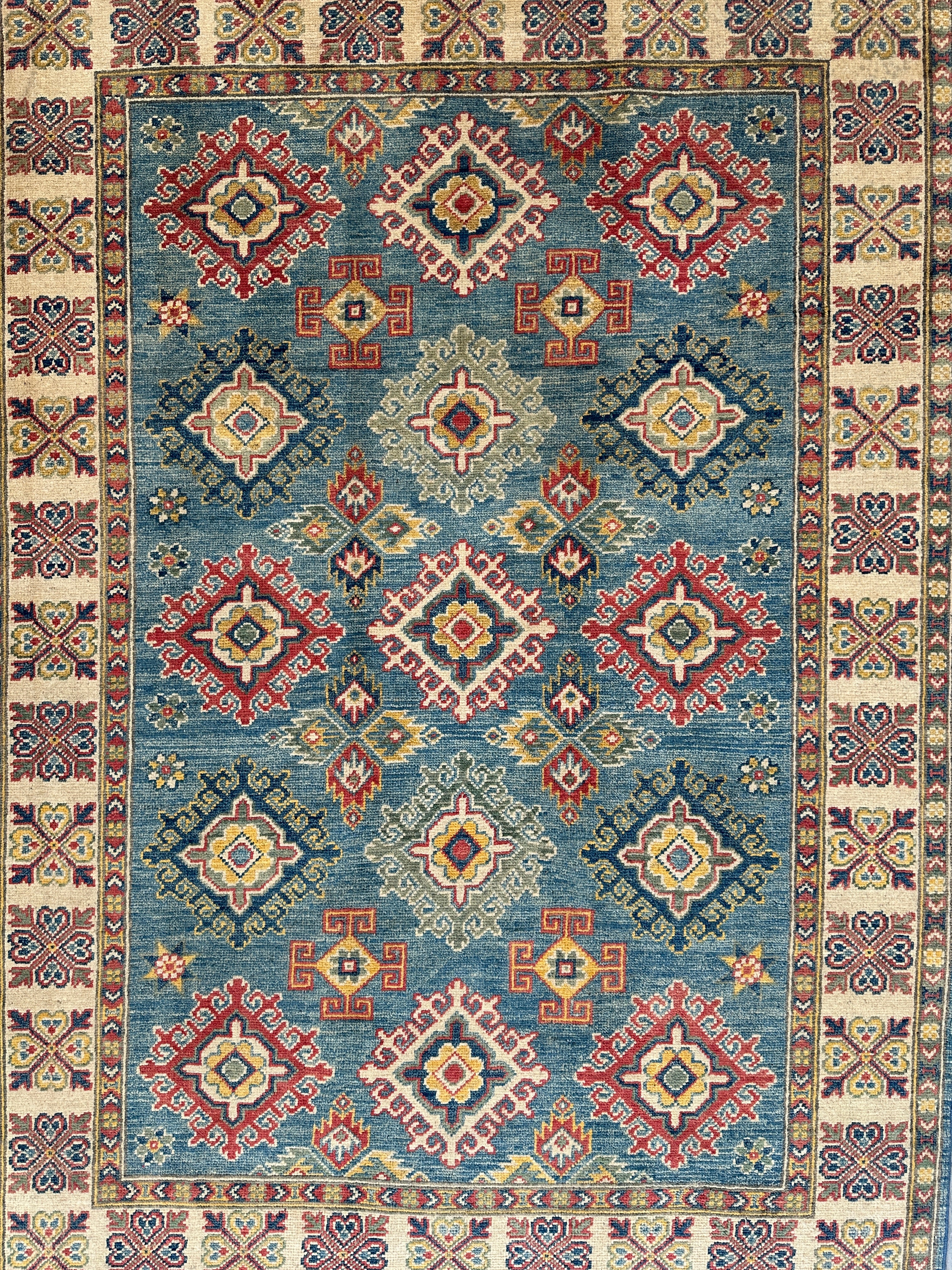 Hand-Knotted Afghani Kazak Wool Rug – 4’2″ x 5’10″