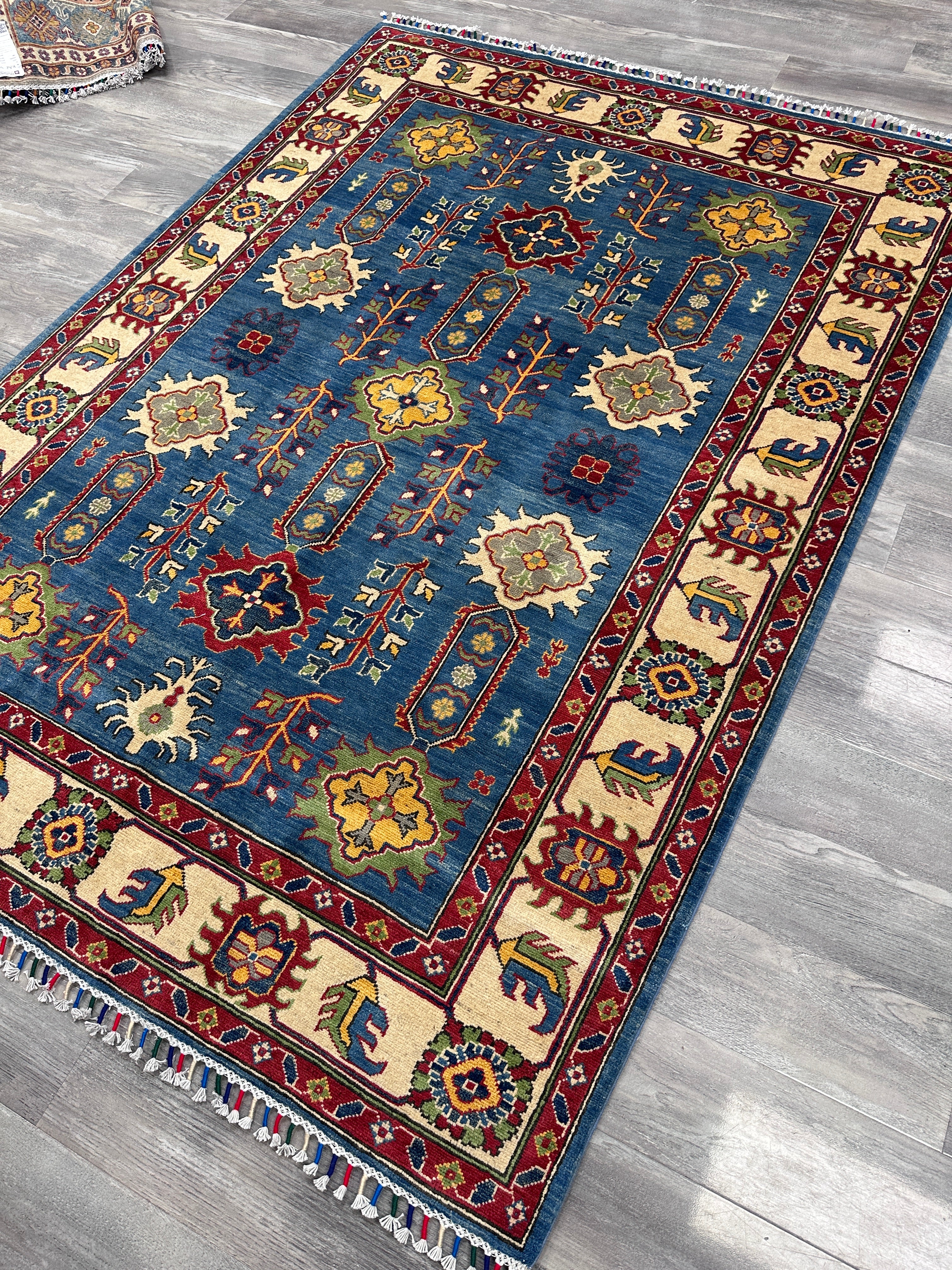 Hand-Knotted Afghani Kazak Wool Rug | Geometric Design | 5′6″ x 7′7″