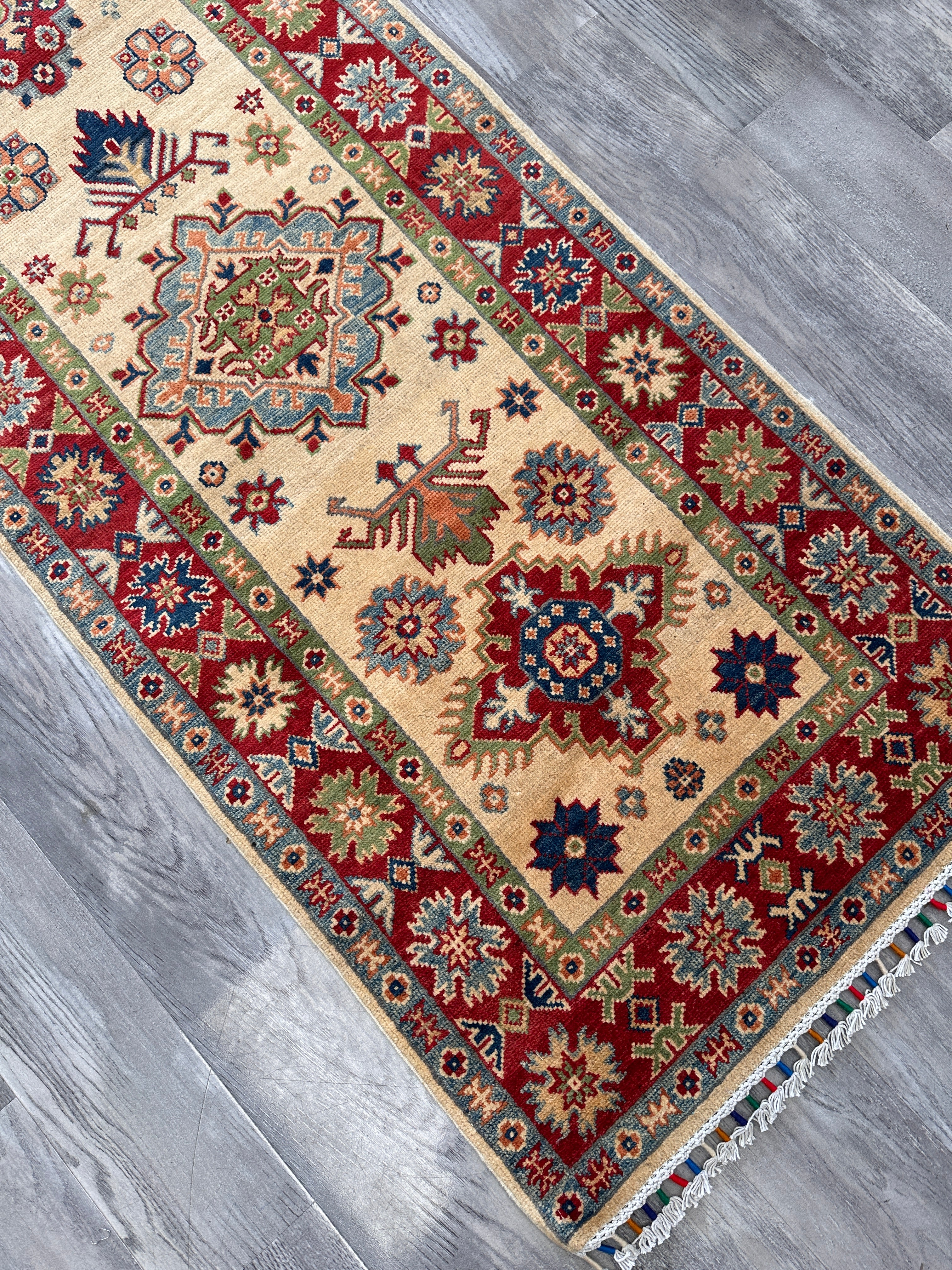 Hand-Knotted Afghan Kazak Wool Runner | Cream & Red Tribal | 2′7″ x 10′1″