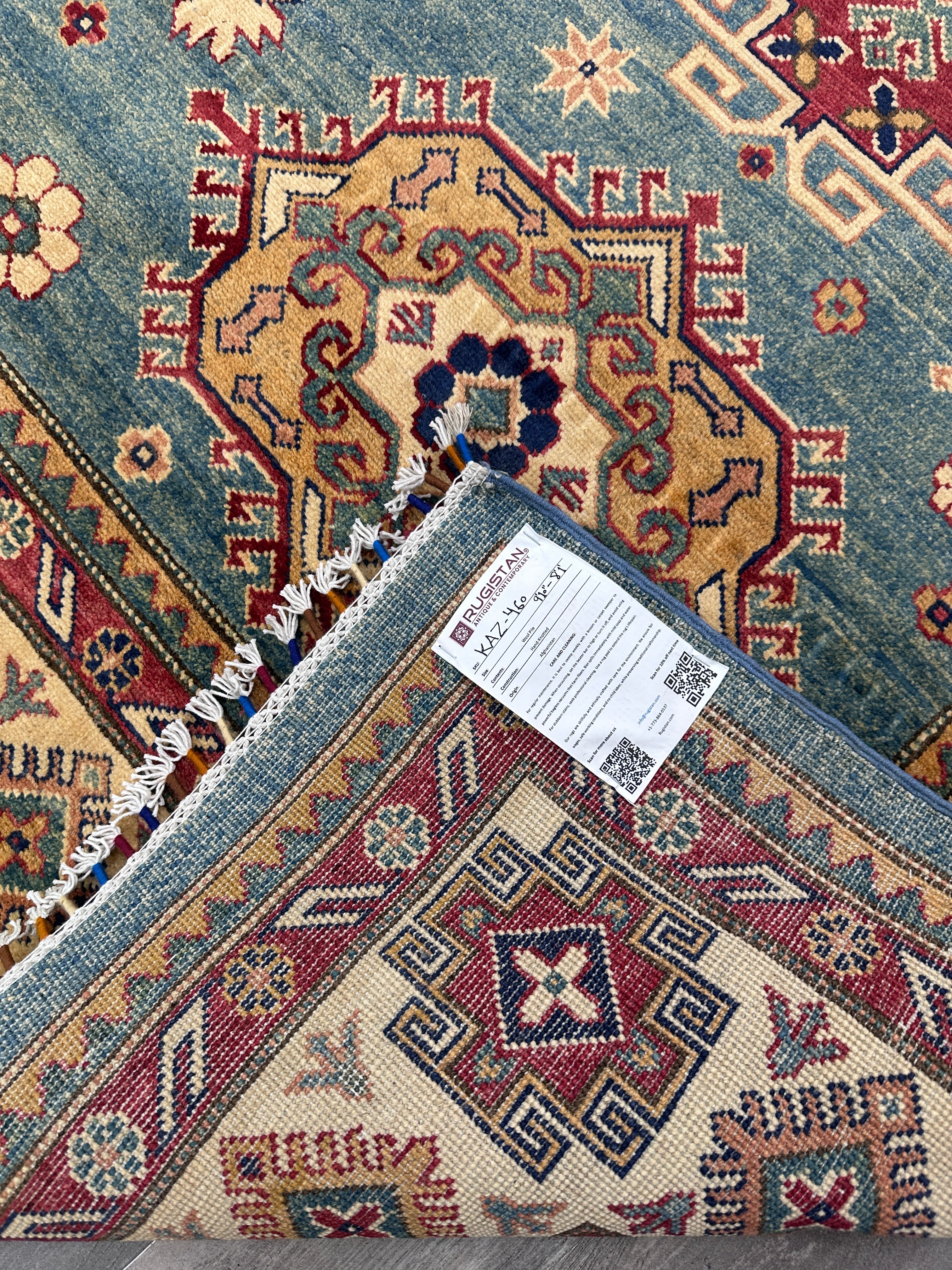 Hand-Knotted Afghani Kazak Wool Rug | Geometric Design | 8′ x 10′