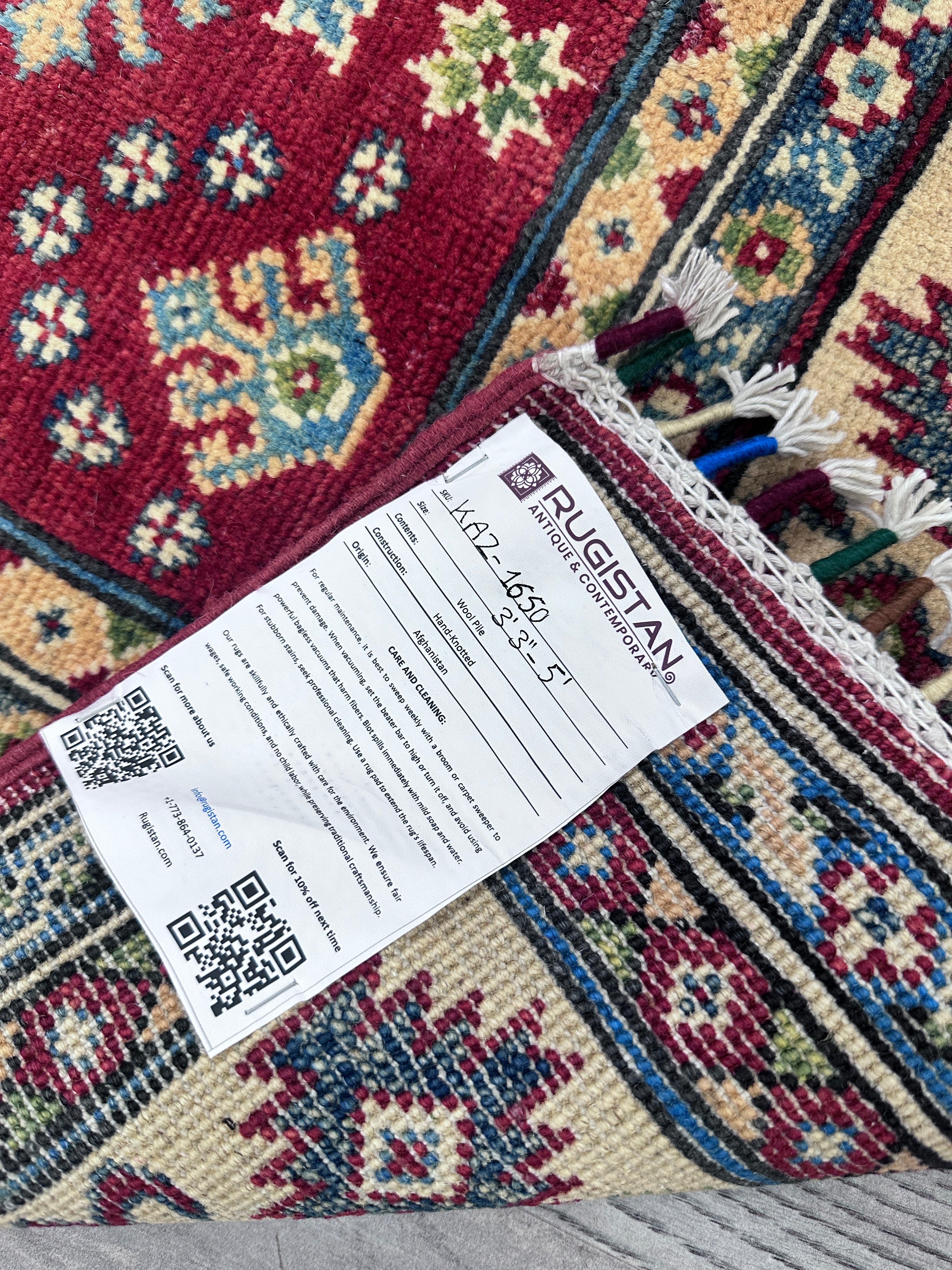 Hand-Knotted Afghani Kazak Wool Rug – 3’3″  x  5’0″