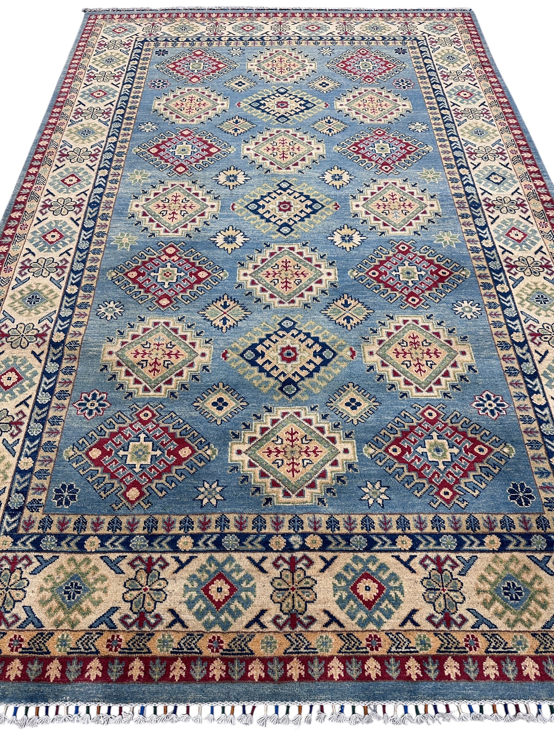 Hand-Knotted Afghani Kazak Wool Rug | Geometric Design | 7′ x 10′