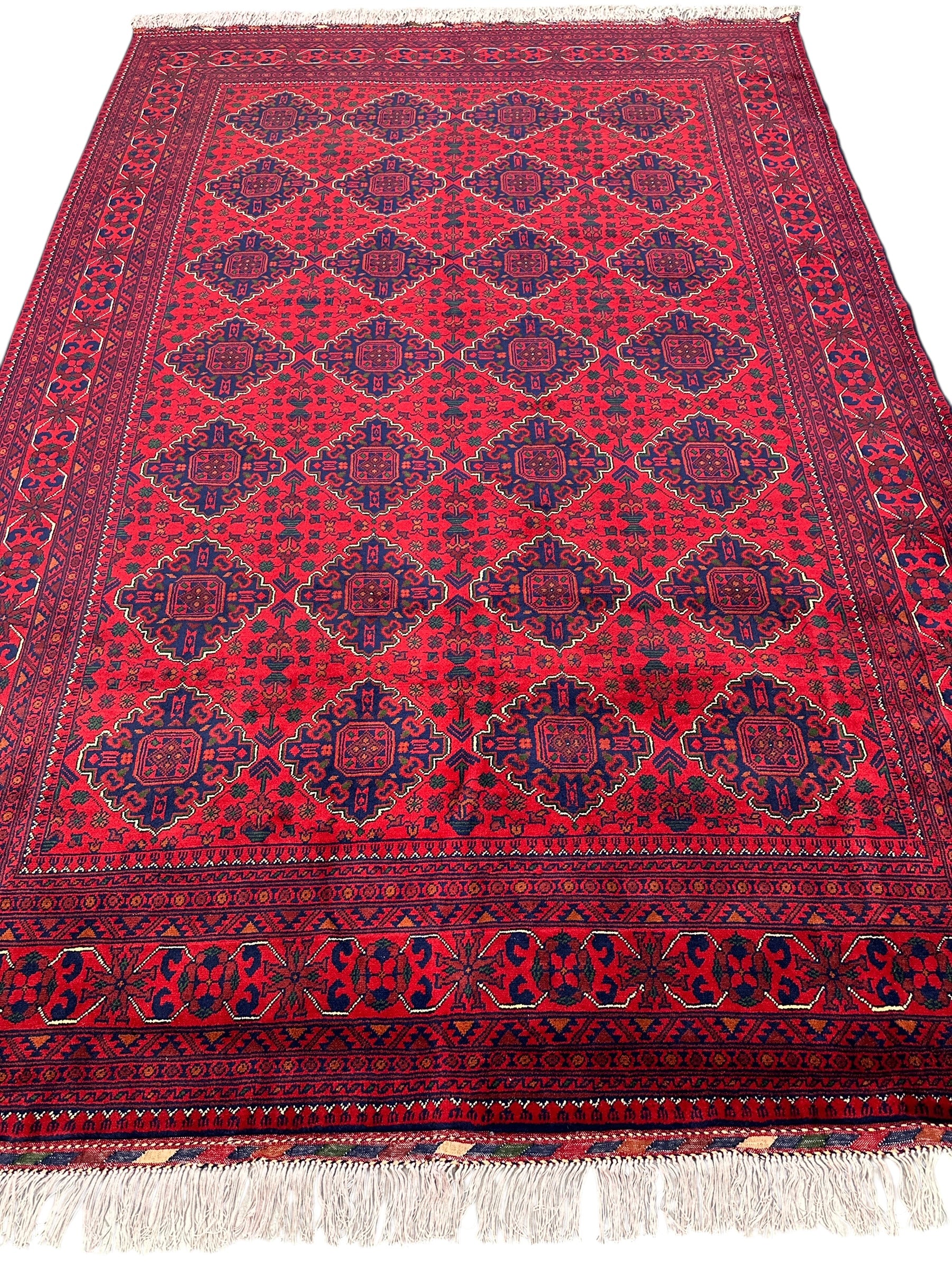 Hand-Knotted Afghani Khamyab Wool Area Rug | Red & Blue | 6′8″ x 10′