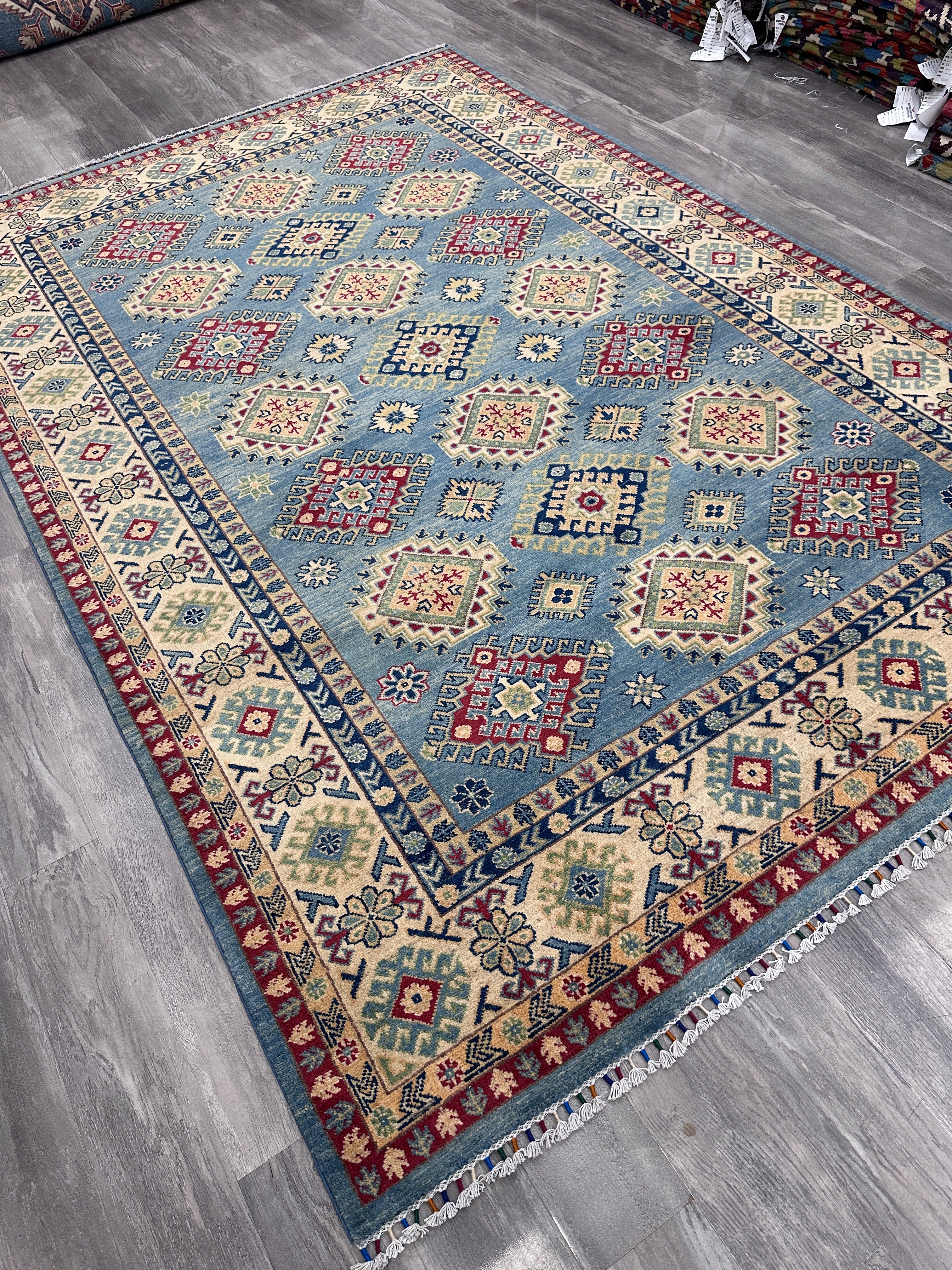 Hand-Knotted Afghani Kazak Wool Rug | Geometric Design | 7′ x 10′