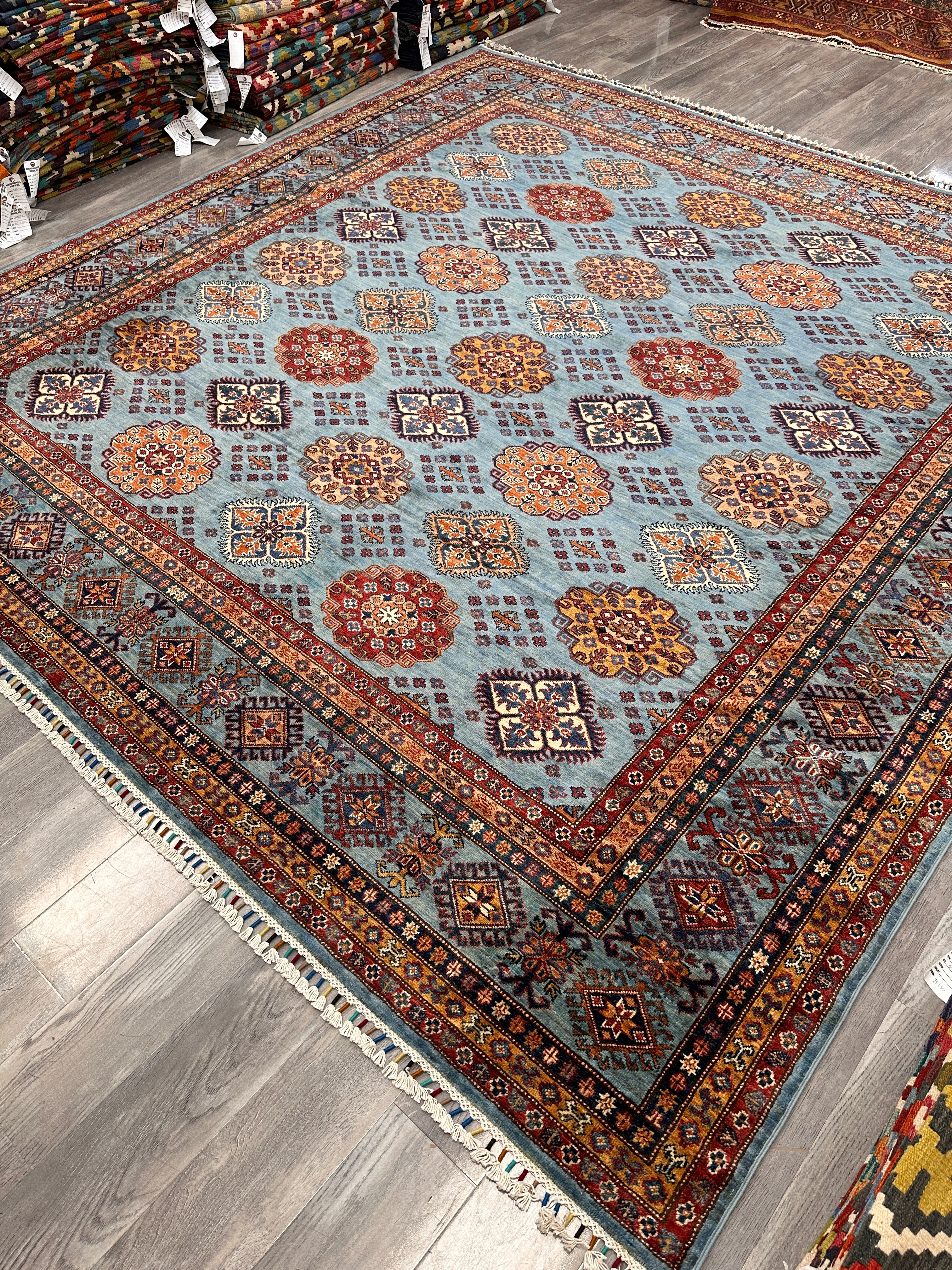 Hand-Knotted Afghani Super Kazak Wool Rug | Geometric Design | 10′ x 10′ Square