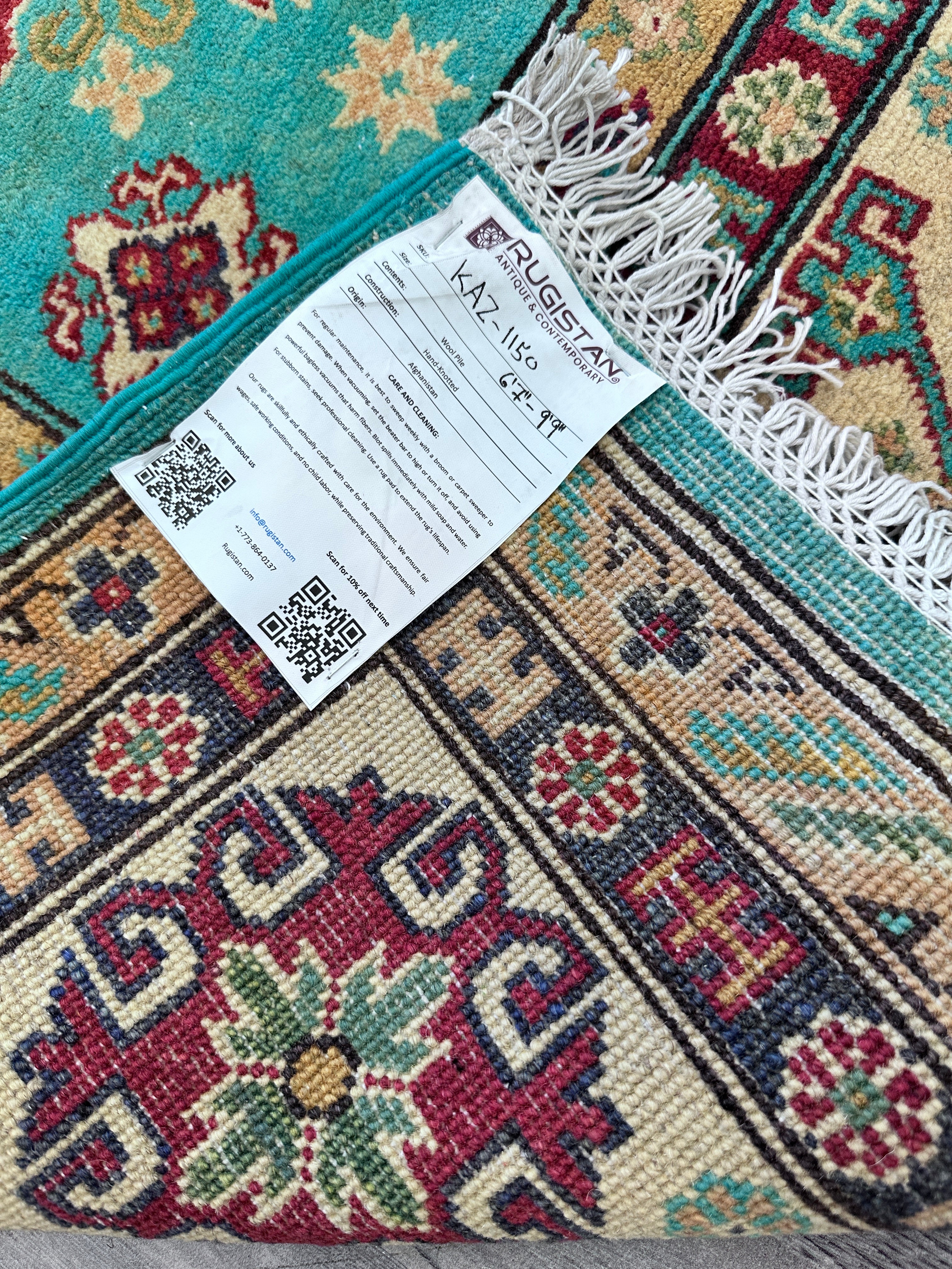 Hand-Knotted Afghani Kazak Wool Rug – 6’7” x 9’9”