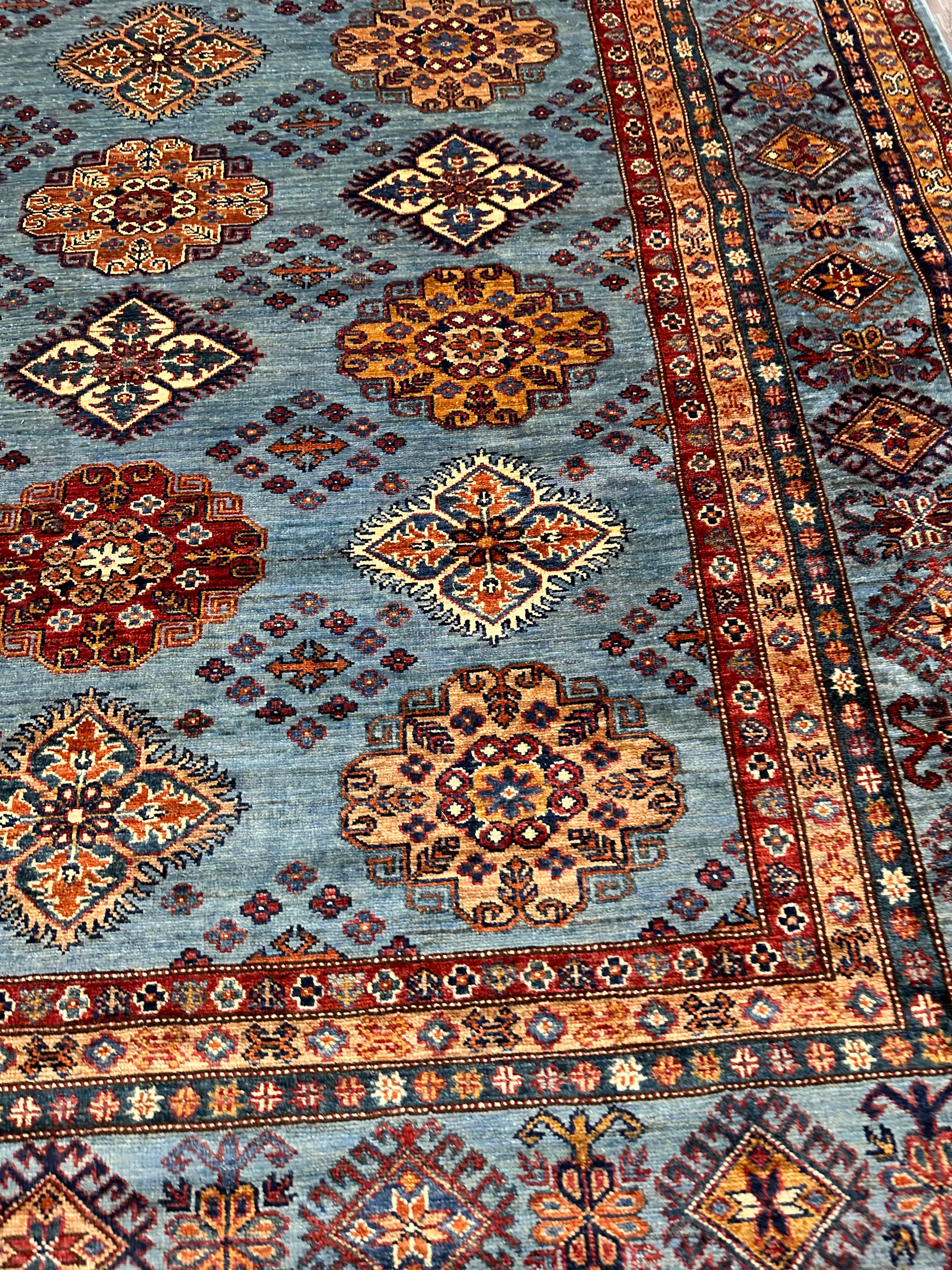 Hand-Knotted Afghani Super Kazak Wool Rug | Geometric Design | 10′ x 10′ Square