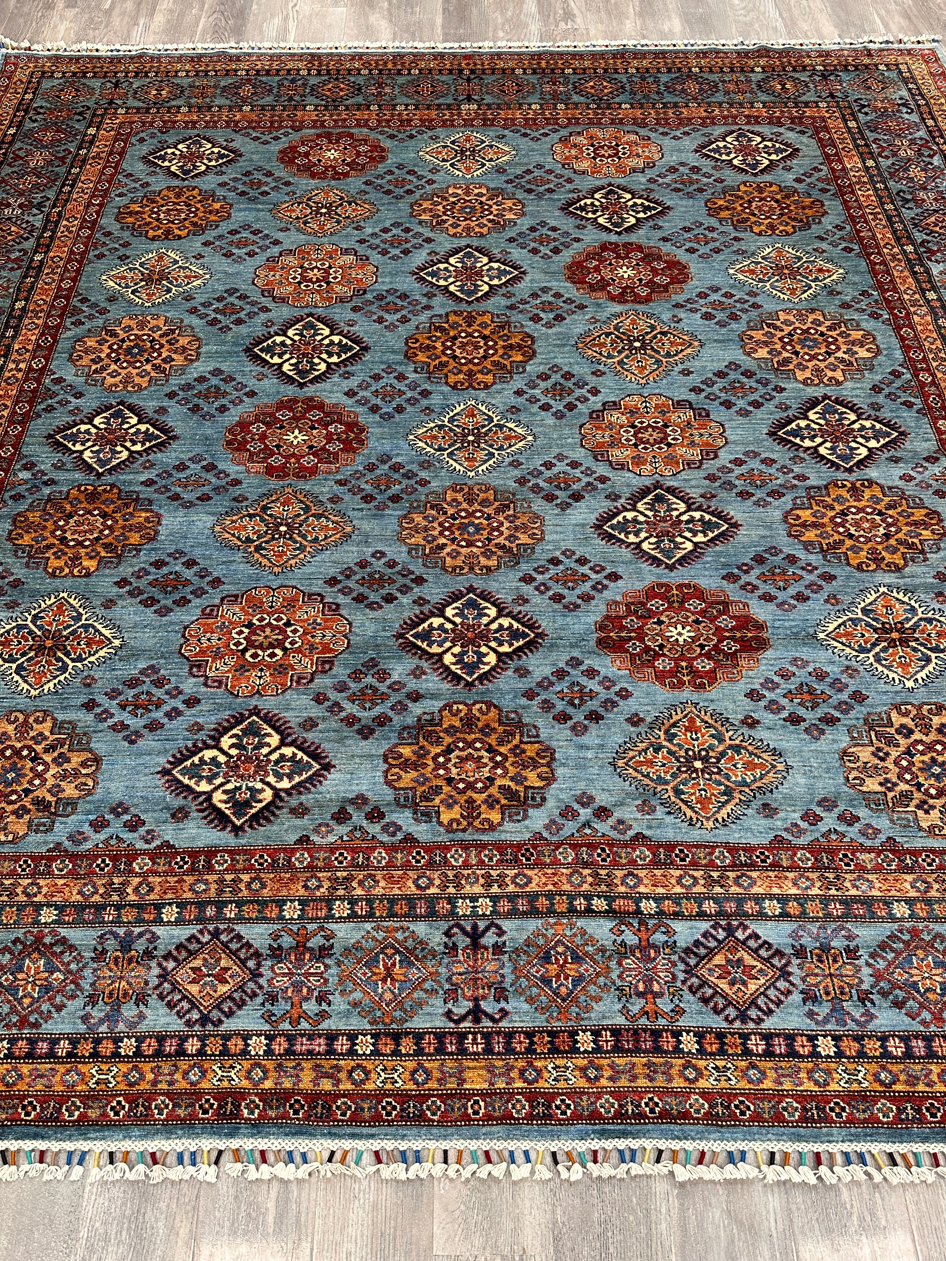Hand-Knotted Afghani Super Kazak Wool Rug | Geometric Design | 10′ x 10′ Square
