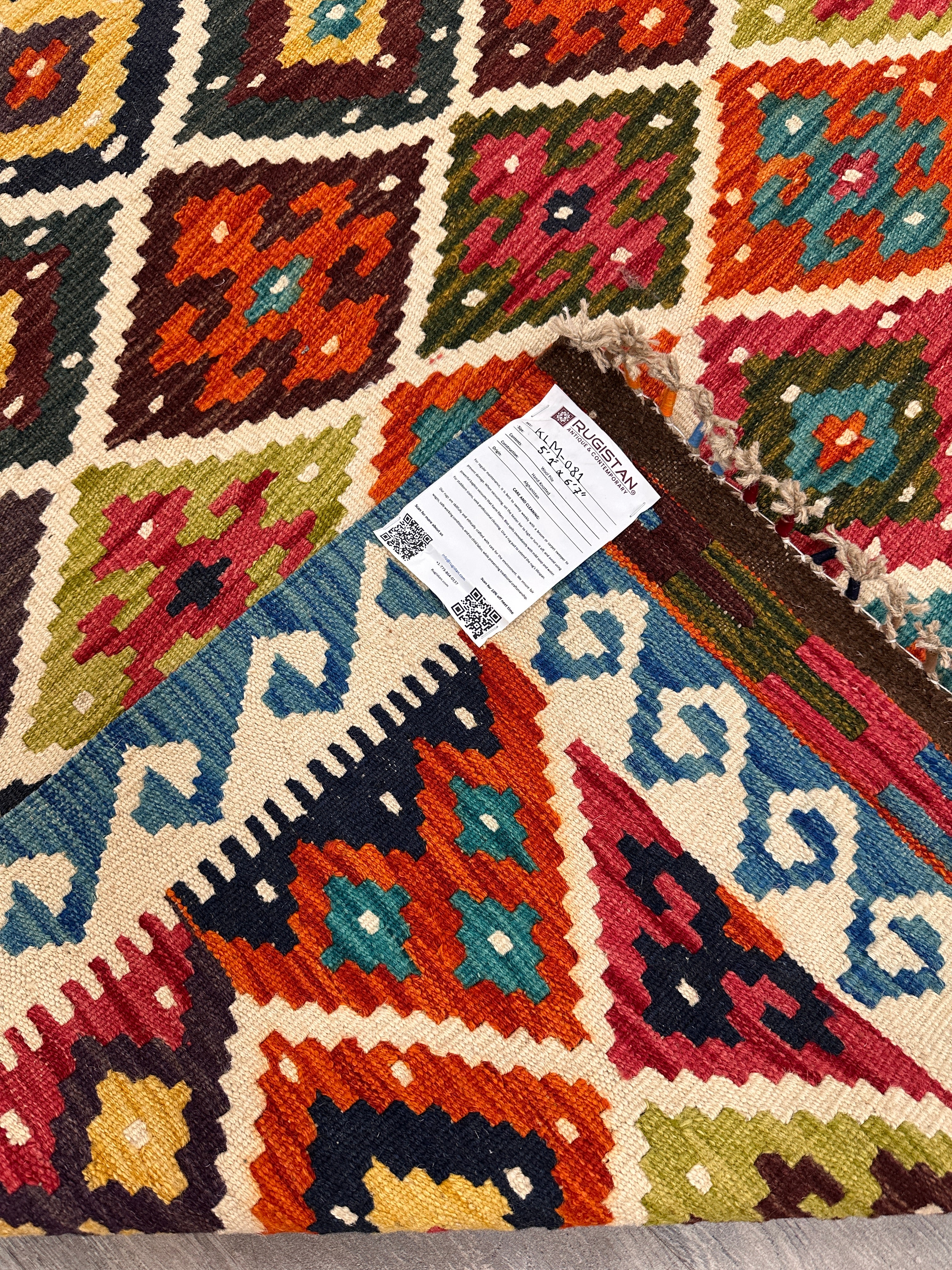 5'1" x 6'7" Handwoven Wool Kilim Rug – Colorful Geometric Tribal Flatweave with Decorative Bound Fringe – Reversible