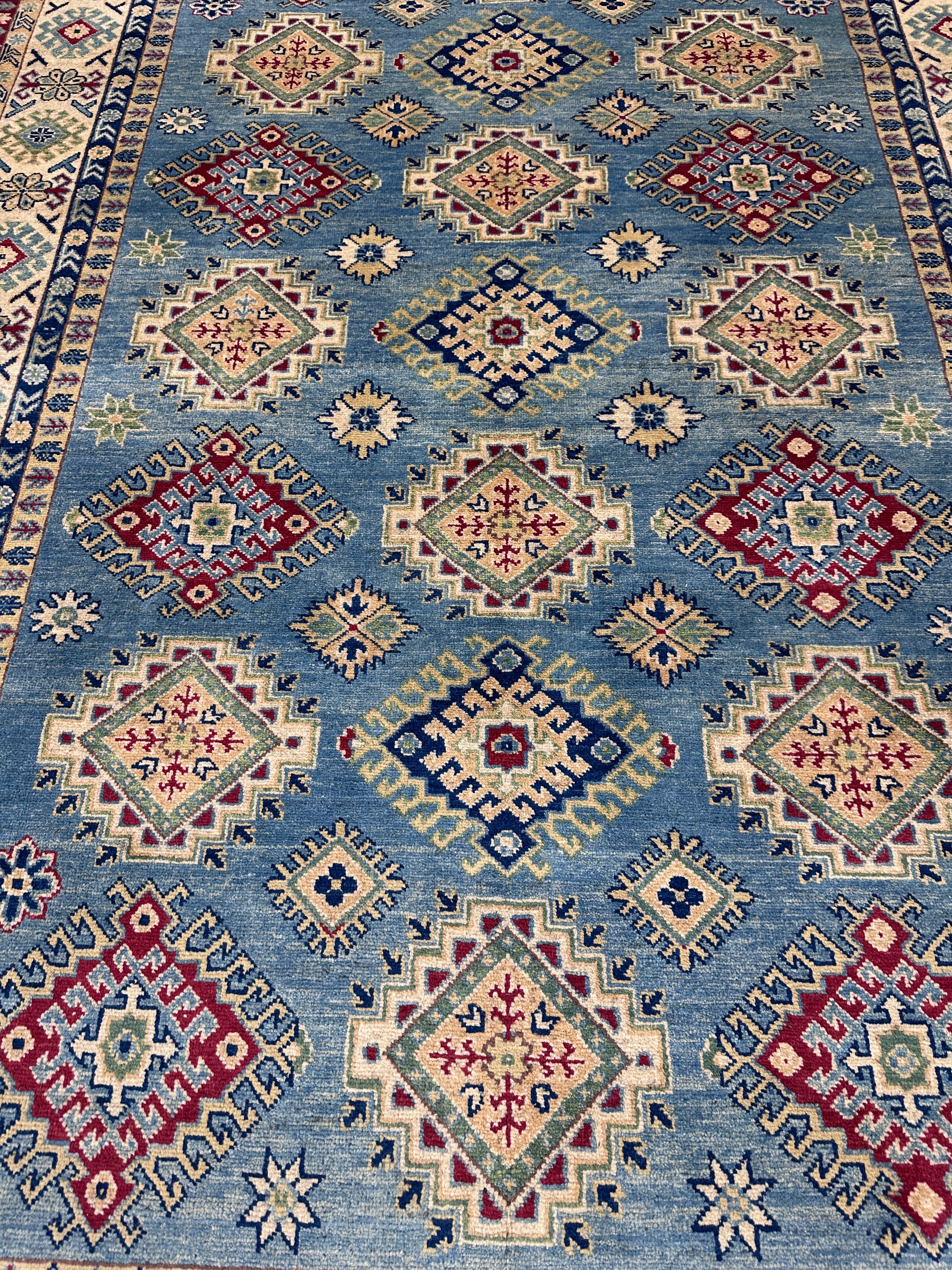 Hand-Knotted Afghani Kazak Wool Rug | Geometric Design | 7′ x 10′