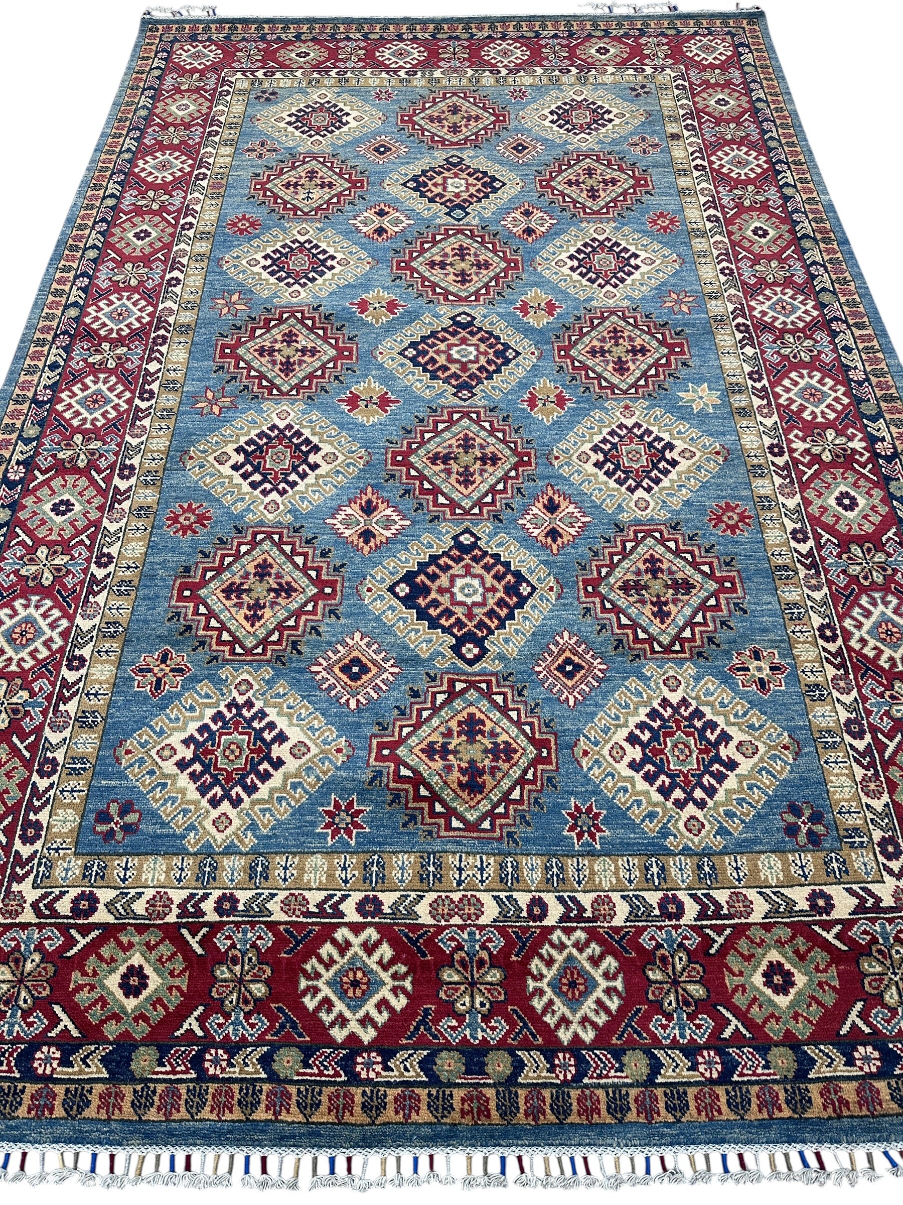 Hand-Knotted Afghani Kazak Wool Rug | Geometric Design | 6′5″ x 10′