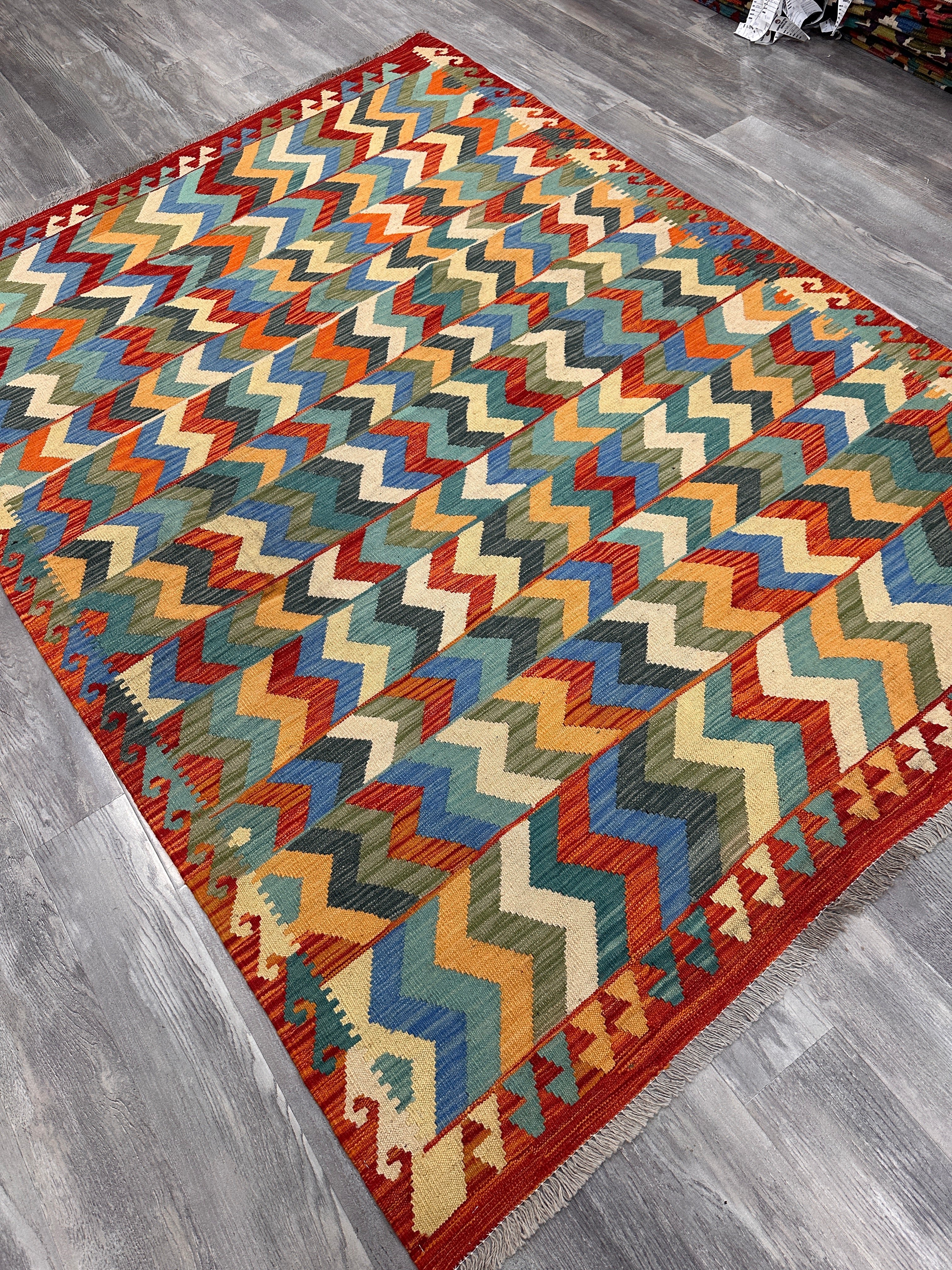 Hand-Woven Afghan Kilim Wool Rug – Colorful Zigzag Geometric Flatweave – 5'9" x 7'10" – New Tribal Bohemian Area Rug