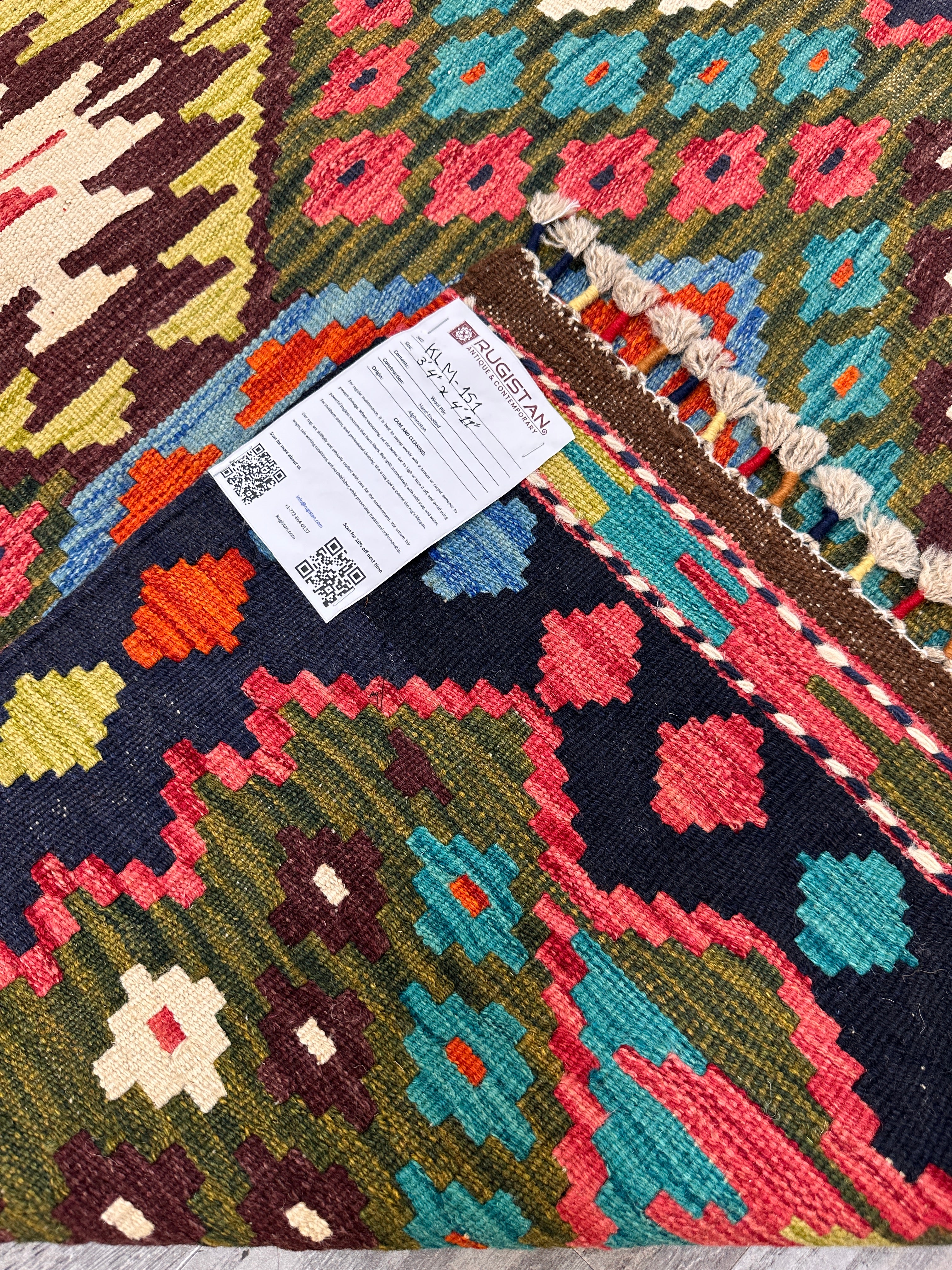 Hand-Woven Afghani Kilim Wool Rug 3'4" x 4'11"