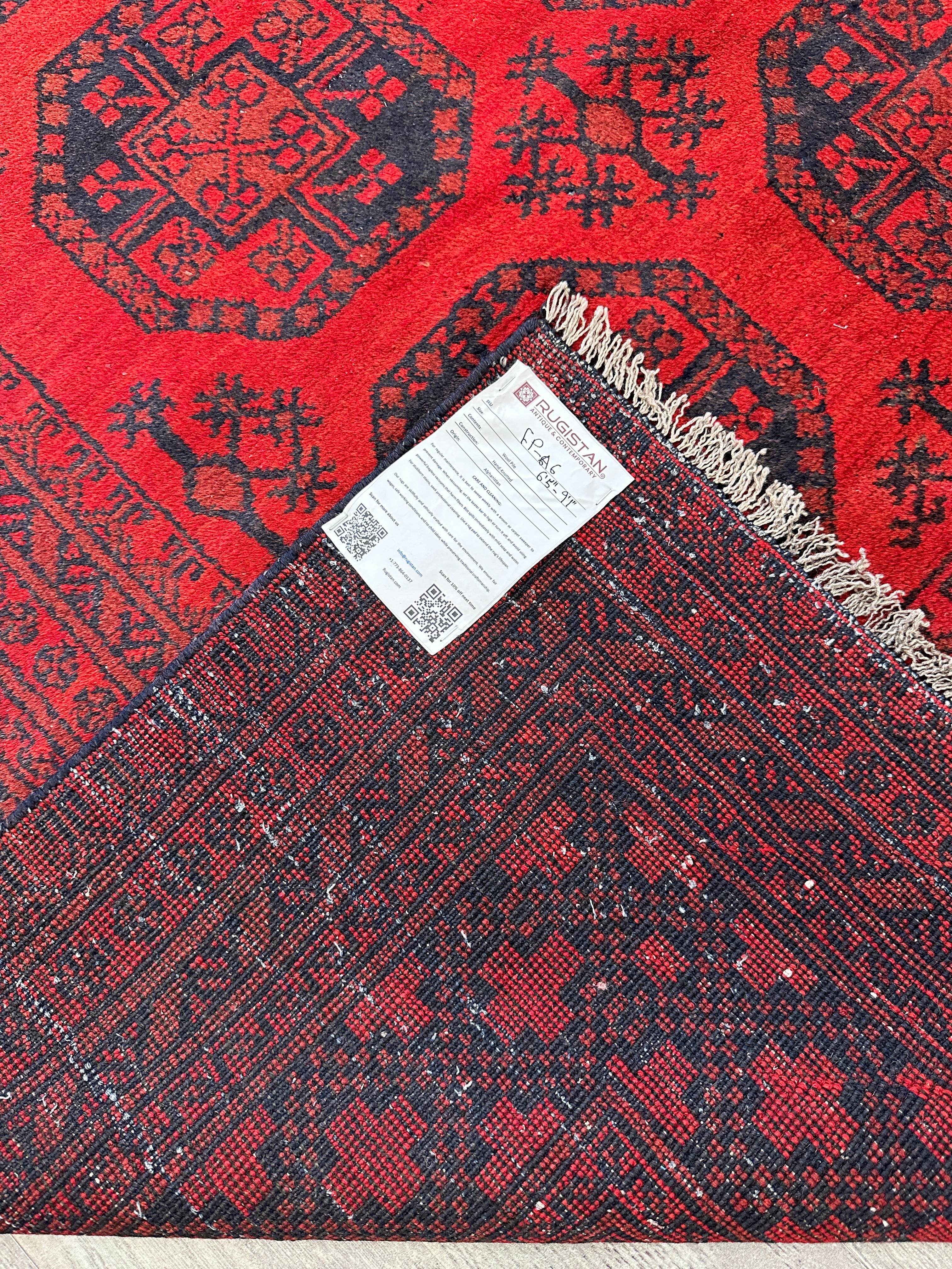 Hand-Knotted Afghani Fil pai Wool Rug Red,Dark Blue 6'5" x 9'1"