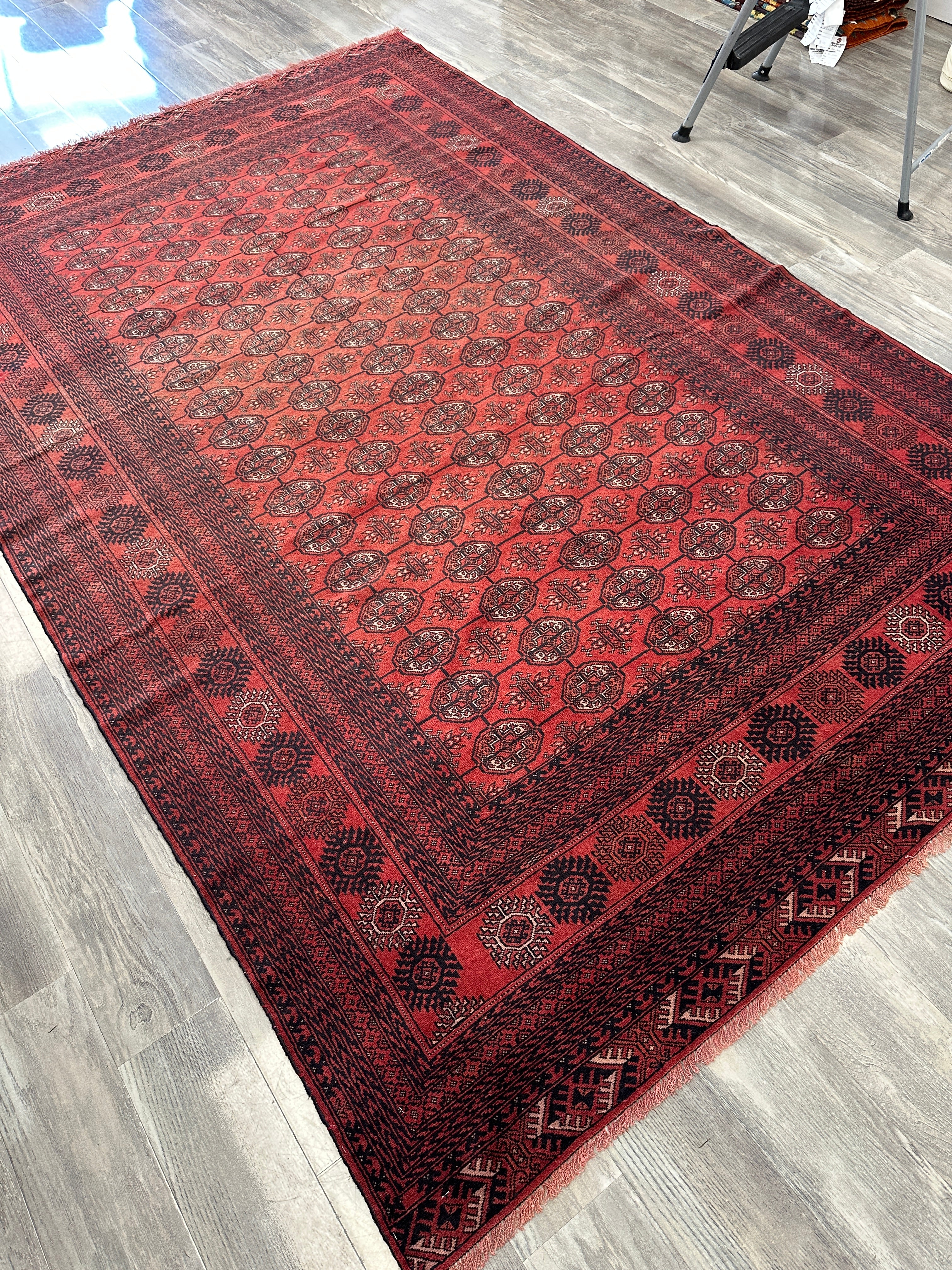 Hand-Knotted Afghani Mawri Wool Rug Red,Black 6'2" x 9'7"