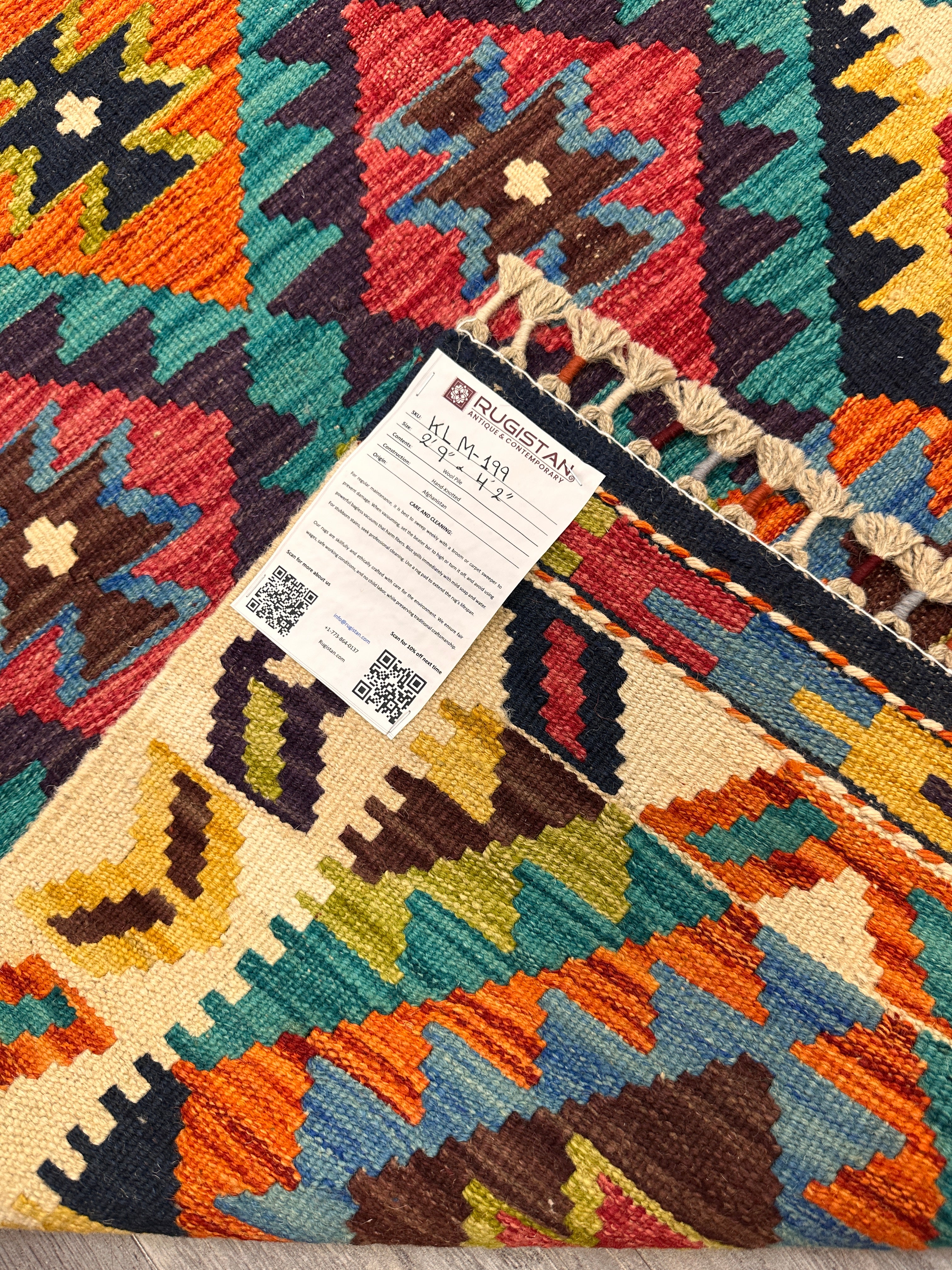 Hand-Woven Afghani Kilim Wool Rug 2'9" x 4'2" – Reversible Tribal Flatweave with Decorative Bound Fringe