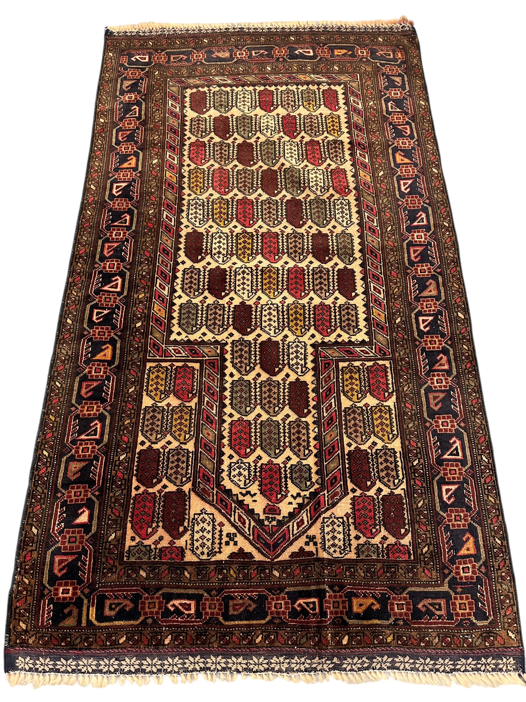 Vintage Afghan Baluch Prayer Rug – Hand-Knotted Wool Tribal Mihrab Design – 2’9” x 4’9”