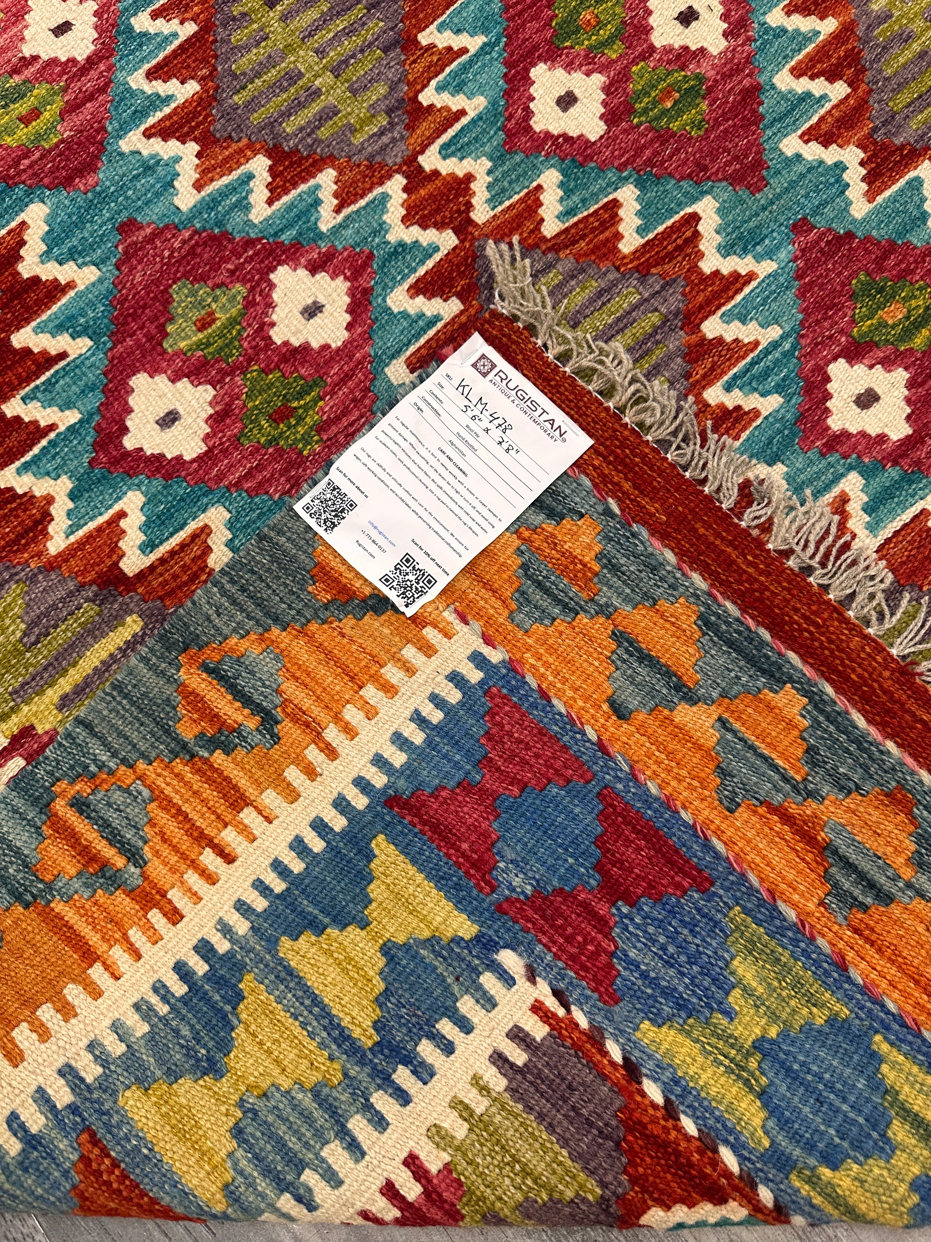 Handwoven Wool Kilim Rug 5'6" x 7'8" – Colorful Geometric Tribal Flatweave with Decorative Bound Fringe – Reversible