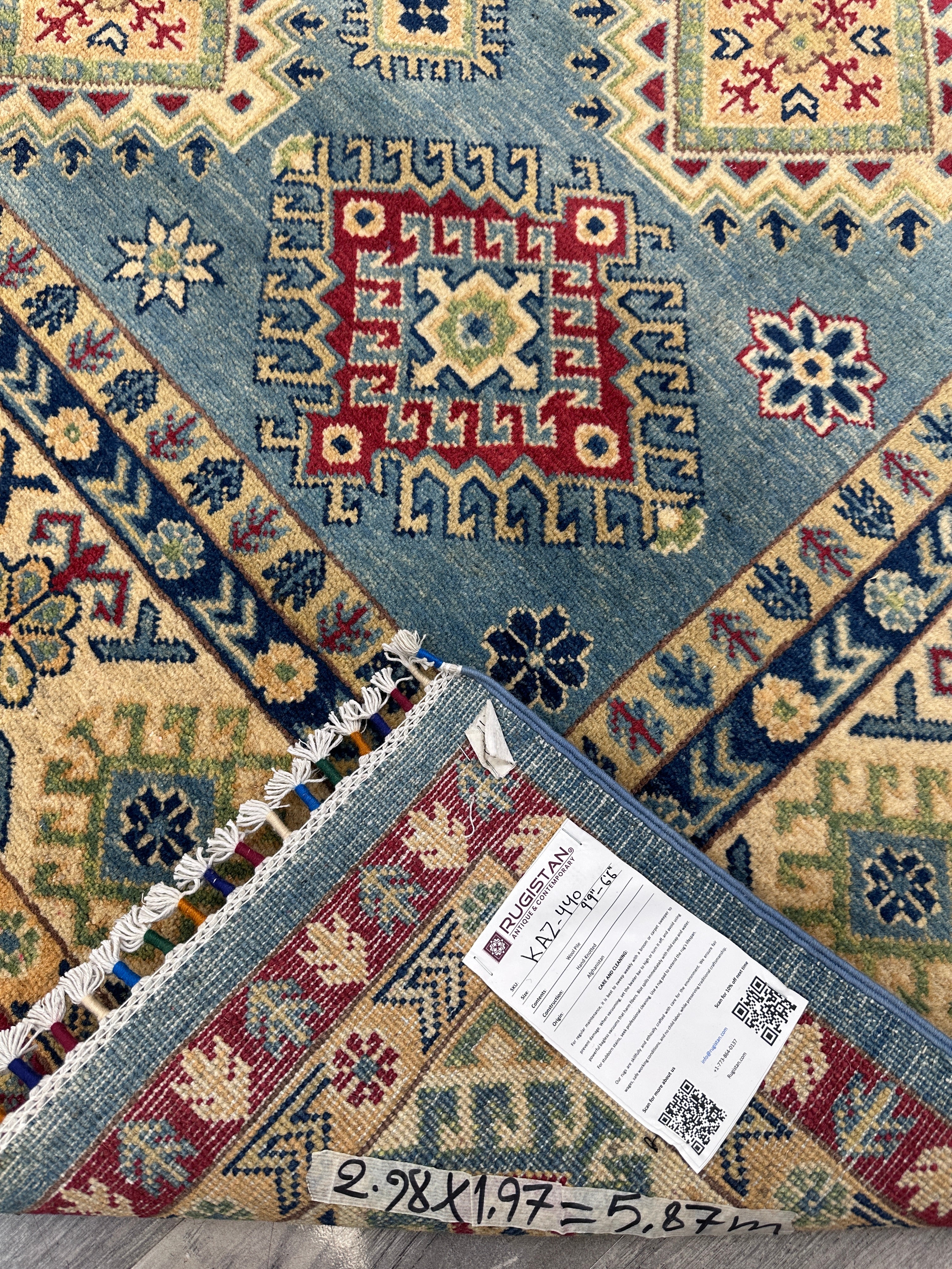 Hand-Knotted Afghani Kazak Wool Rug | Geometric Design | 7′ x 10′