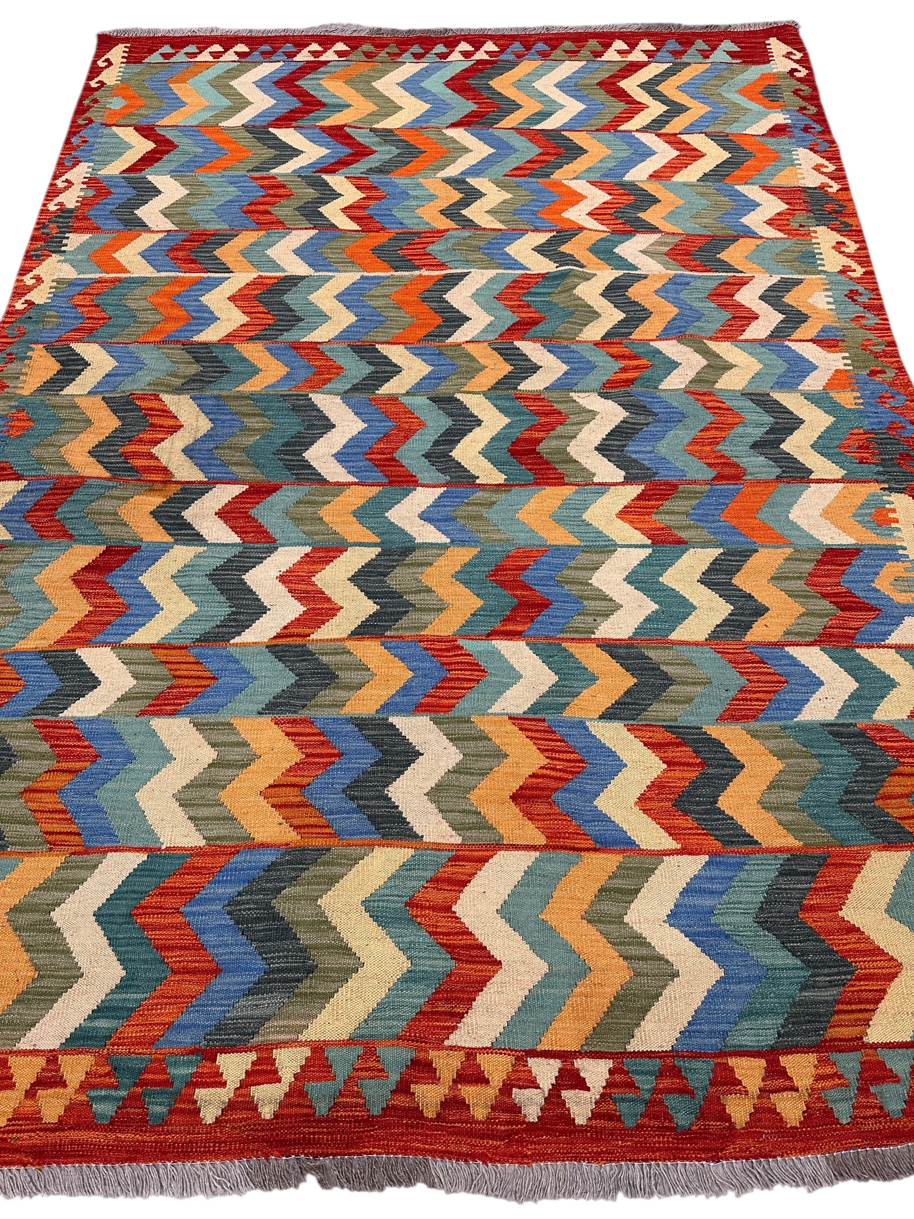 Hand-Woven Afghan Kilim Wool Rug – Colorful Zigzag Geometric Flatweave – 5'9" x 7'10" – New Tribal Bohemian Area Rug