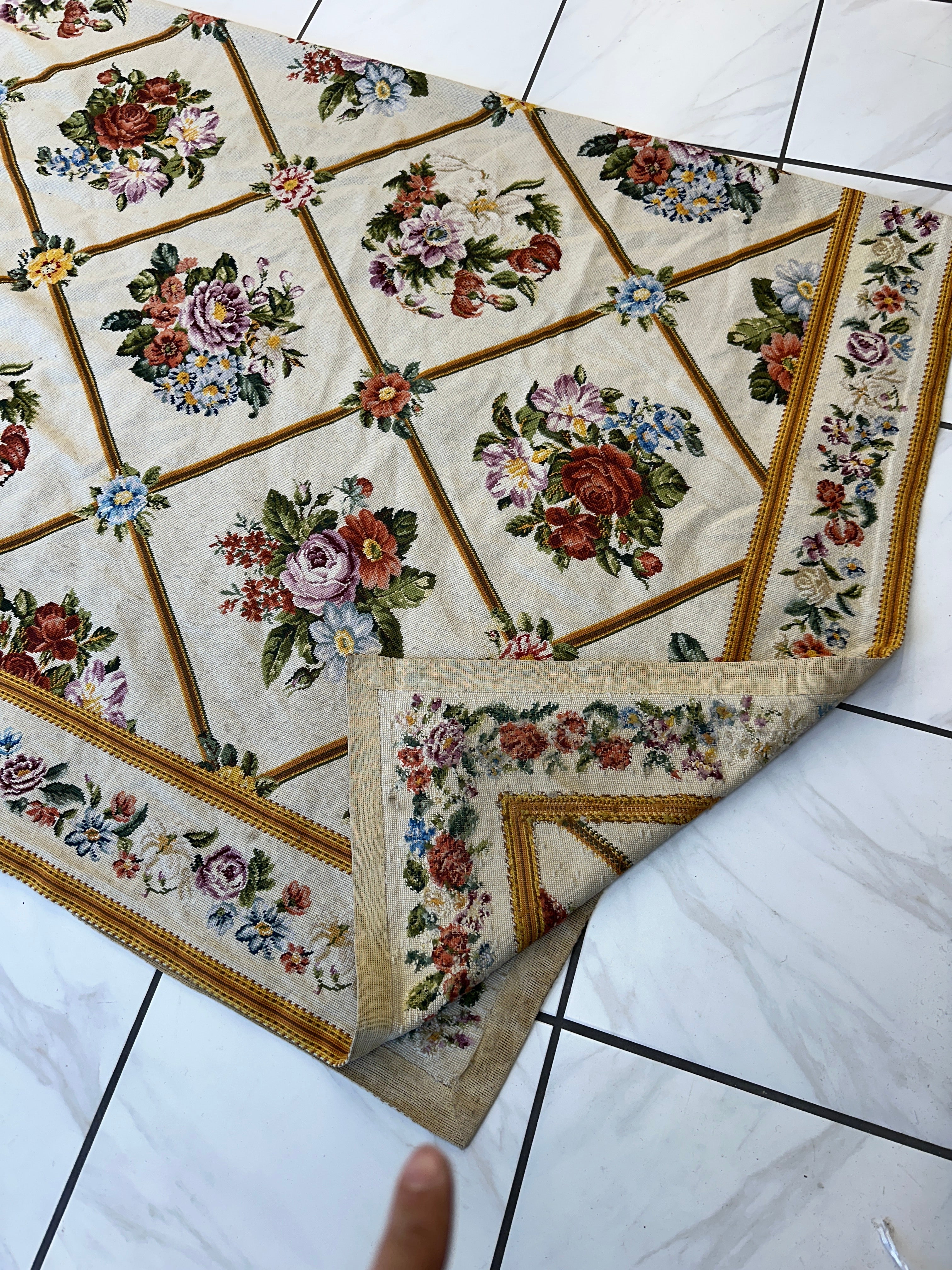 Handmade Needlepoint Floral Wool Rug – 9' 7" x 13' 5" – Vintage European Tapestry Style