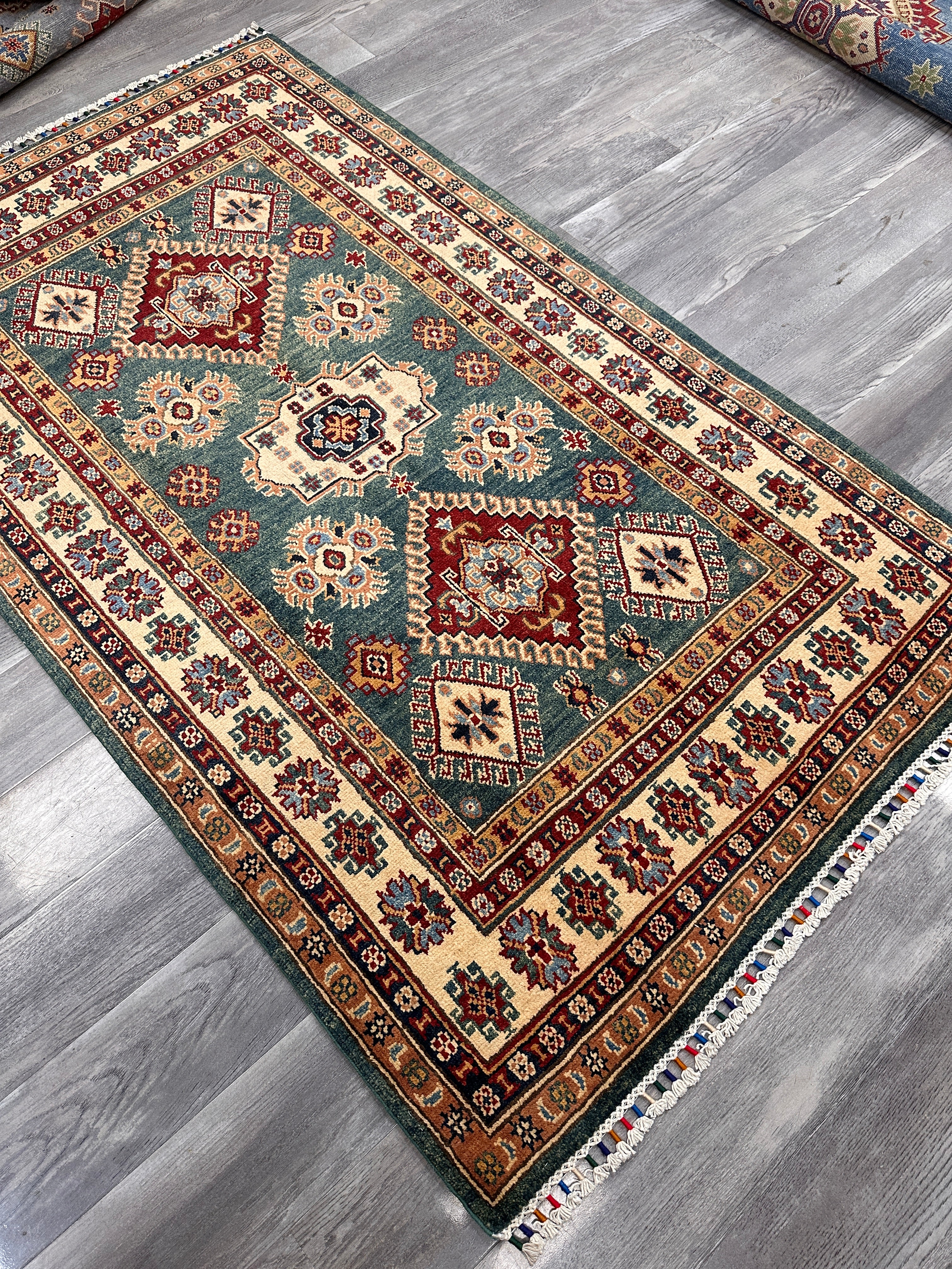 Hand-Knotted Afghani Kazak Wool Rug | Tribal Medallion | 4’2” x 6′