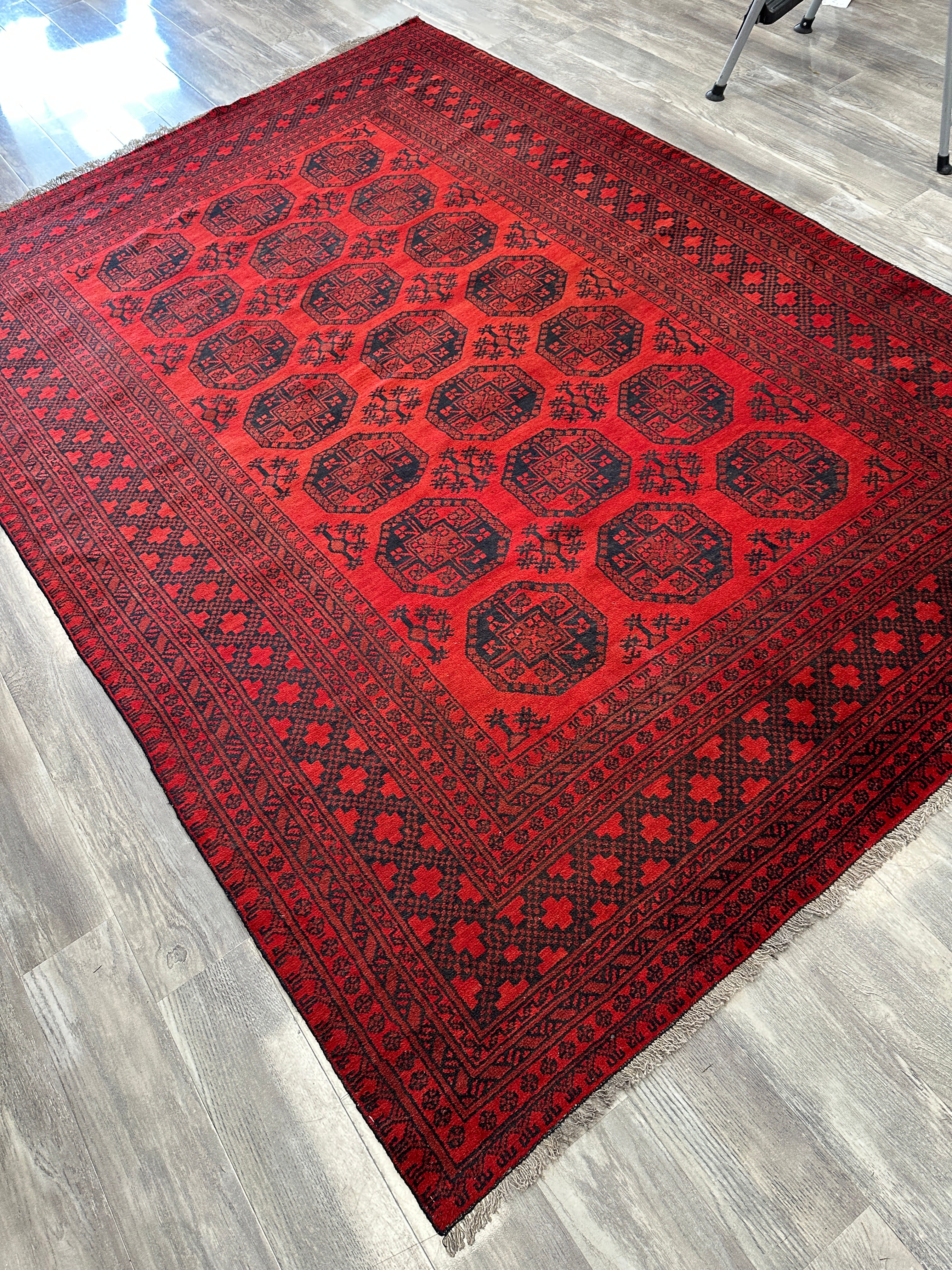 Hand-Knotted Afghani Fil pai Wool Rug Red,Dark Blue 6'5" x 9'1"
