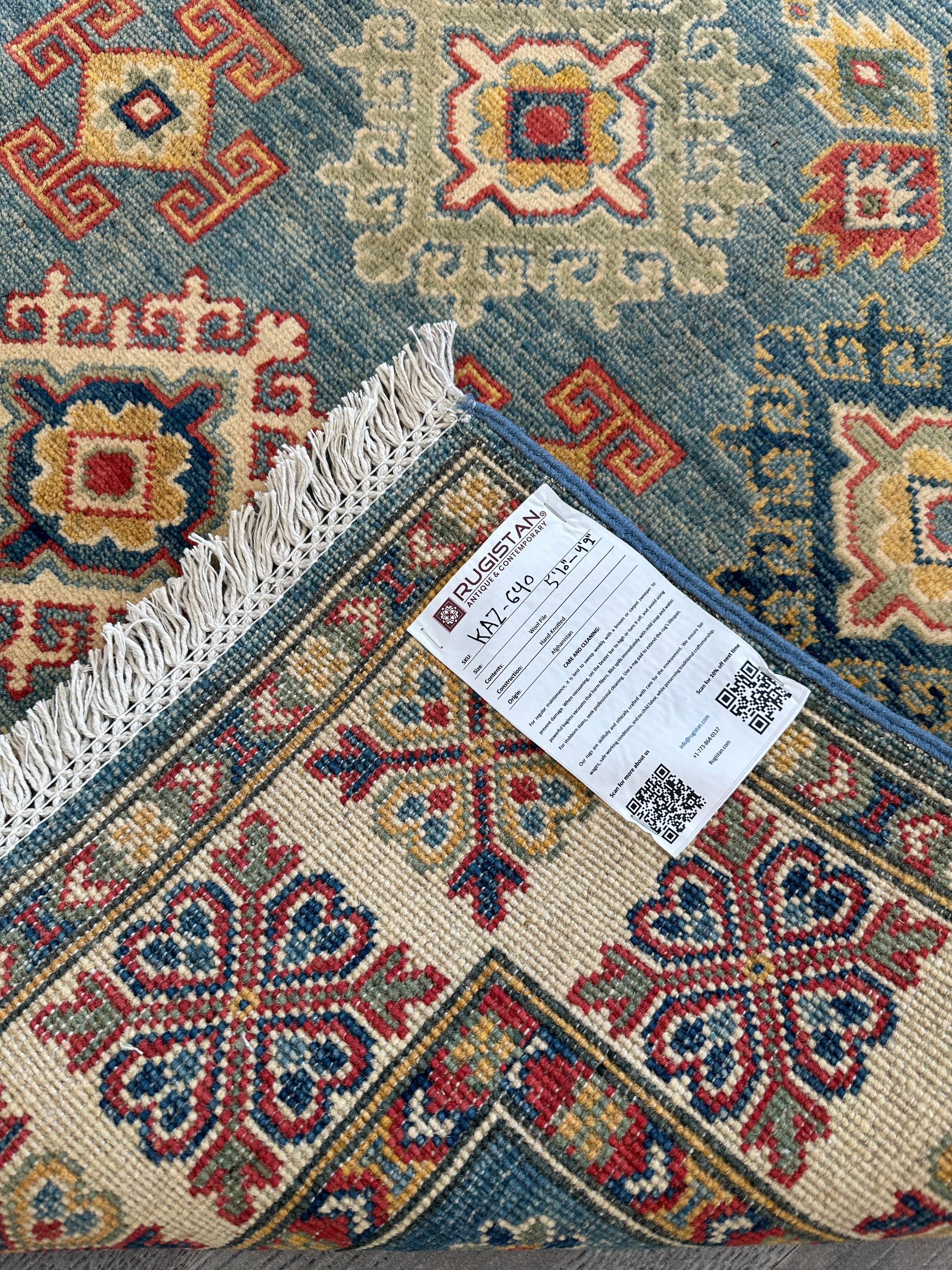 Hand-Knotted Afghani Kazak Wool Rug – 4’2″ x 5’10″